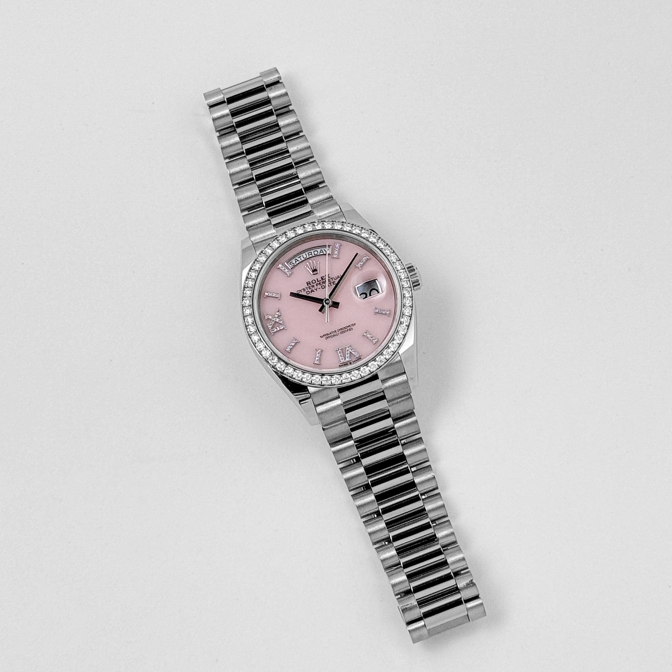 Rolex Day-Date 36 128349RBR White Gold Diamond Bezel Pink Diamond Dial