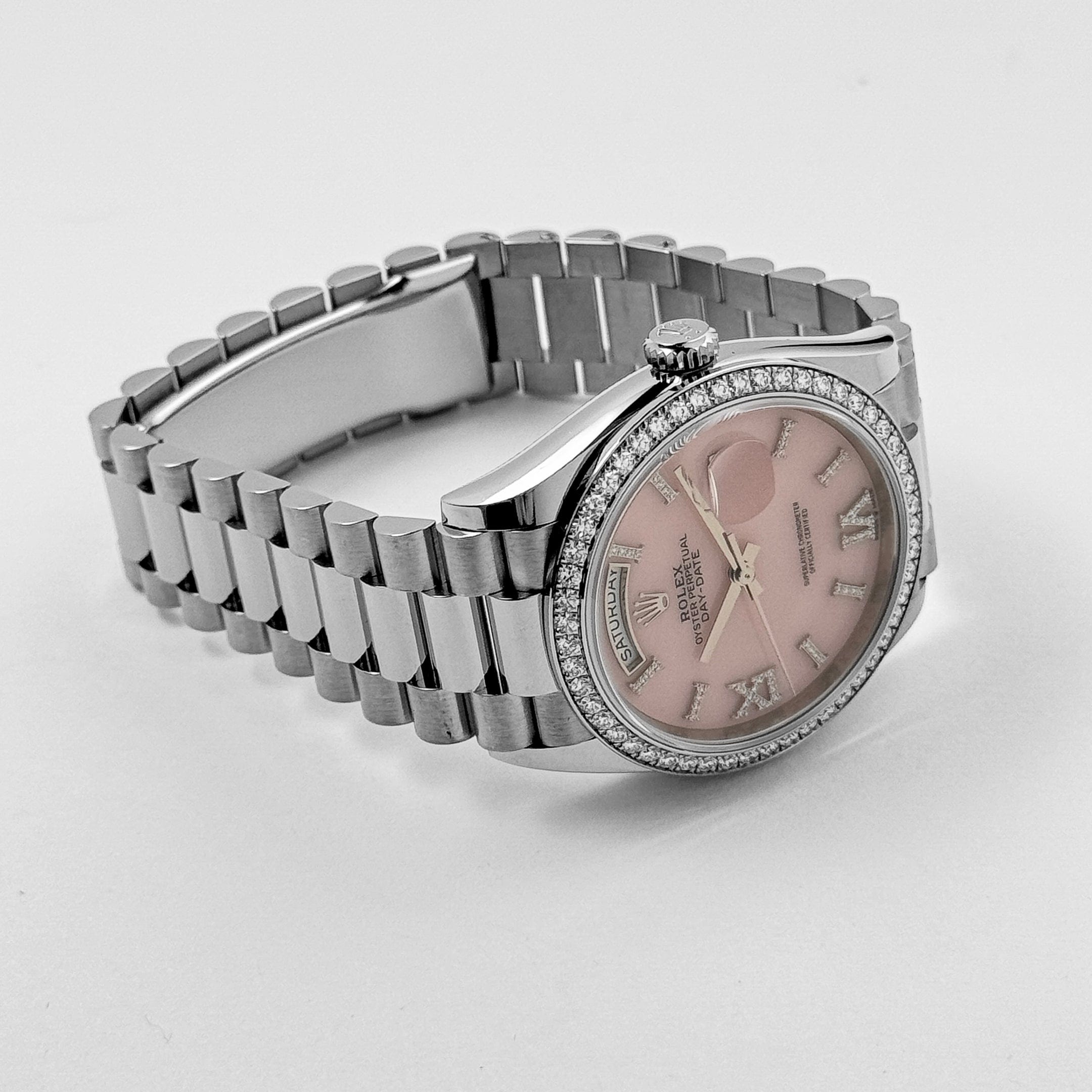 Rolex Day-Date 36 128349RBR White Gold Diamond Bezel Pink Diamond Dial