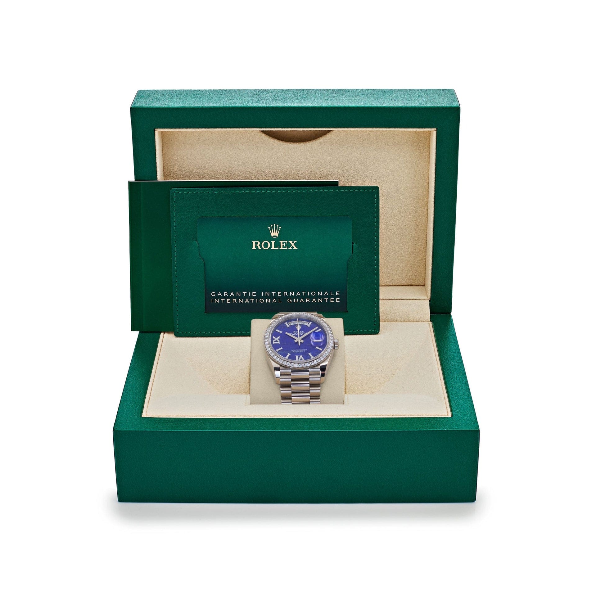 Rolex Day-Date 36 128349RBR White Gold Lapis Stone Diamond Roman Numerals Dial Diamond Bezel (2022)