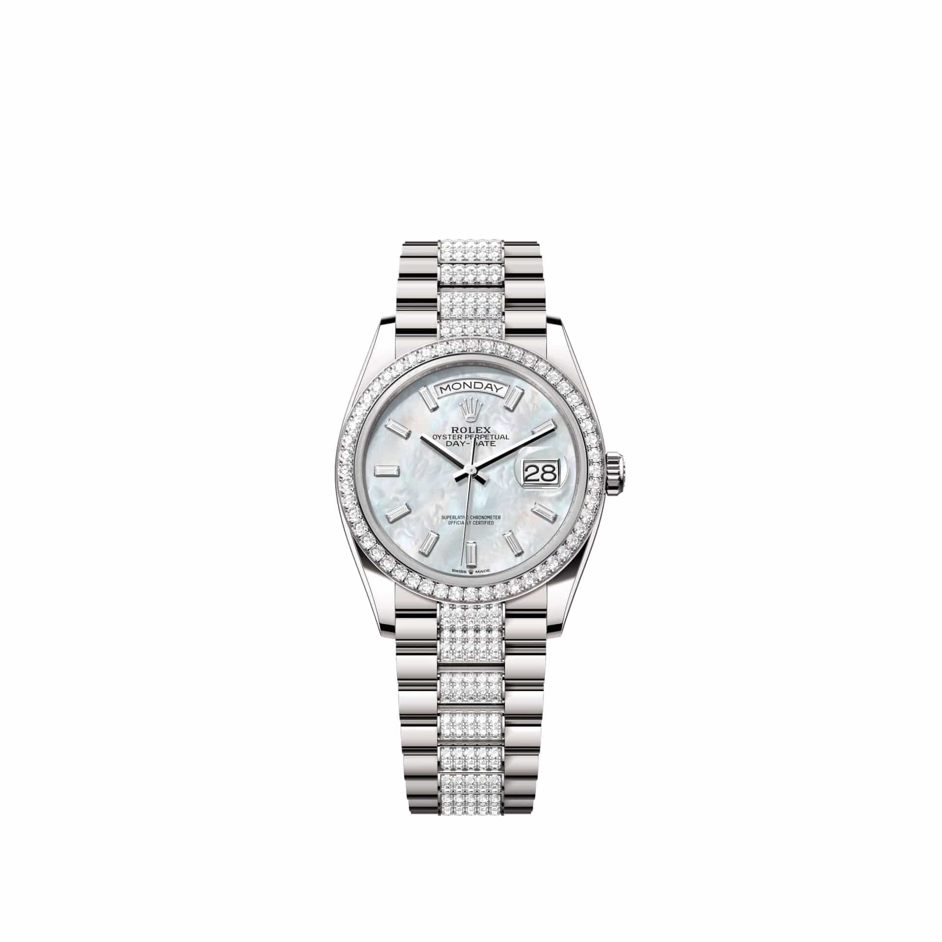 Rolex Day-Date 36 128349RBR White Gold White Mother of Pearl Diamond Dial Diamond-Set President Diamond Bezel (2026)