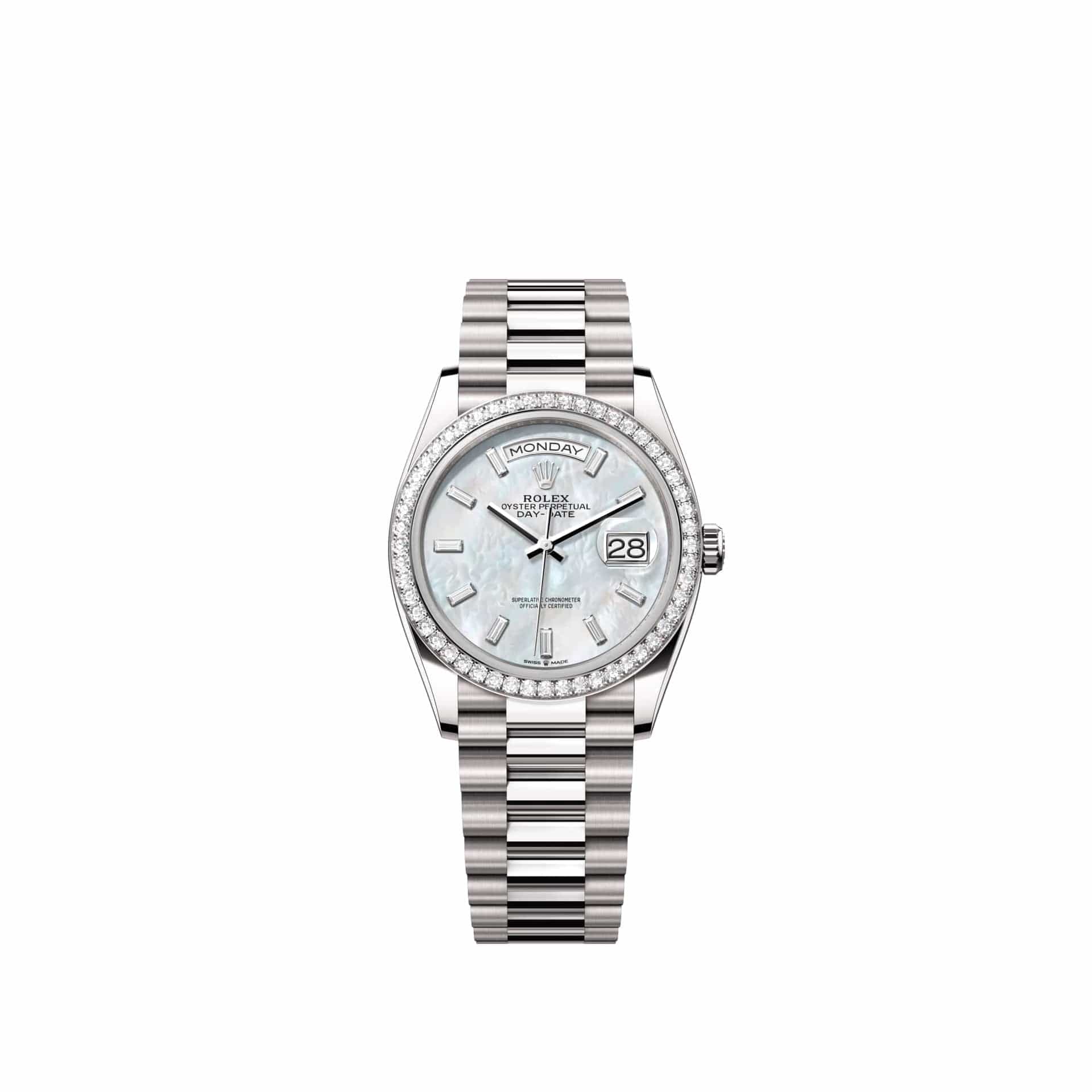 Rolex Day-Date 36 128349RBR White Gold White Mother of Pearl Diamond Dial President Diamond Bezel (2026)