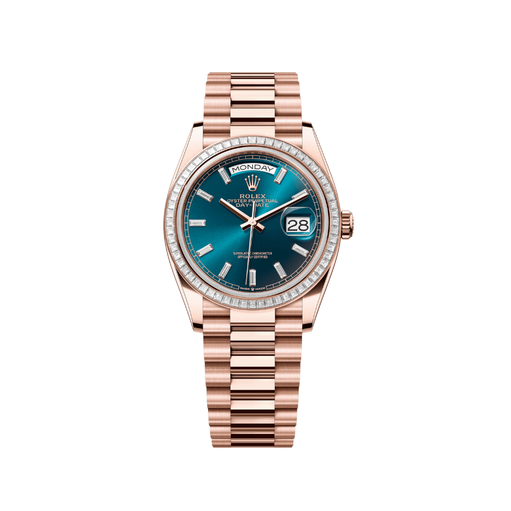 Rolex Day-Date 128395TBR Rose Gold Baguette Diamond Bezel Blue-Green Dial