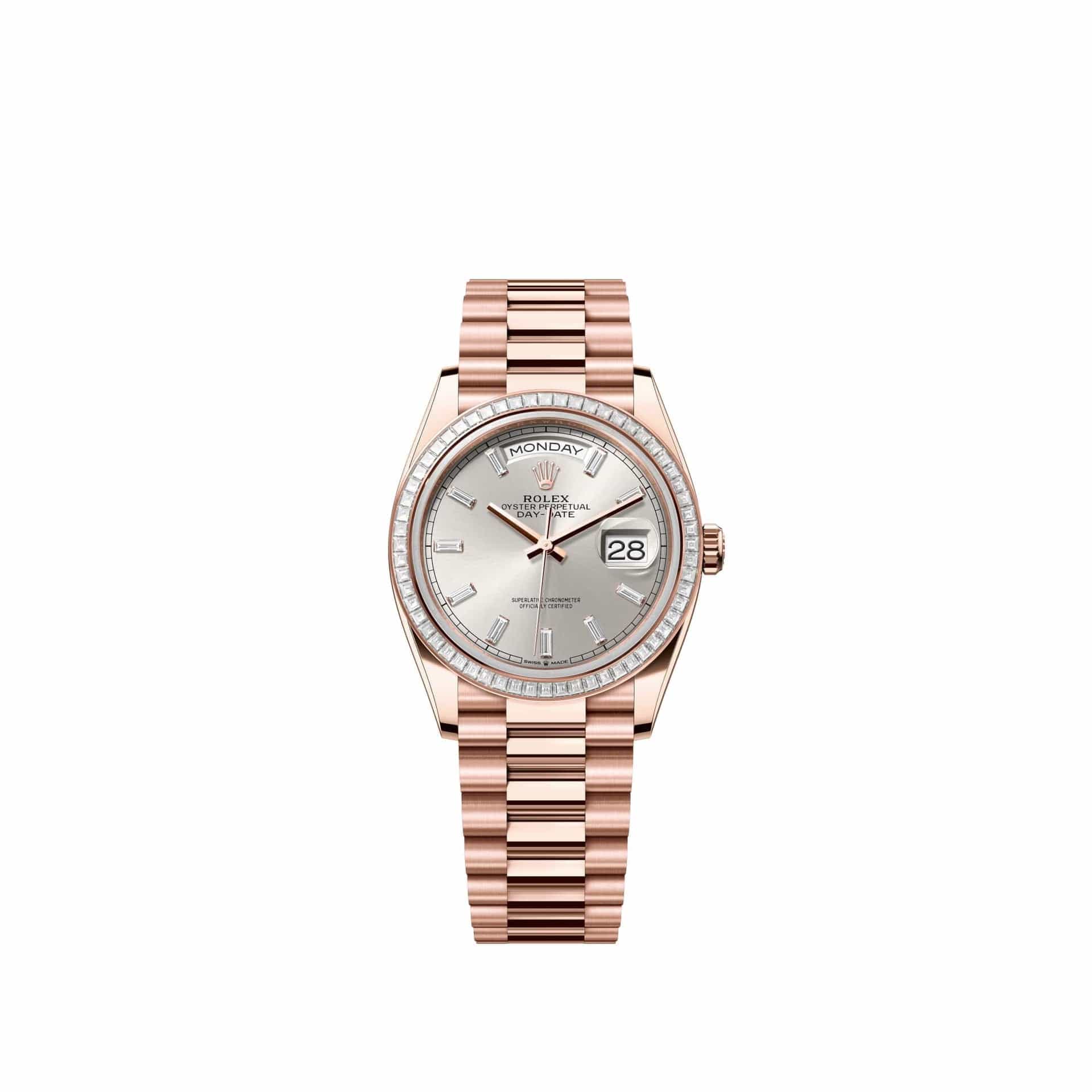 Rolex Day-Date 36 128395TBR Rose Gold Silver Diamond Dial President Diamond Bezel (2026)