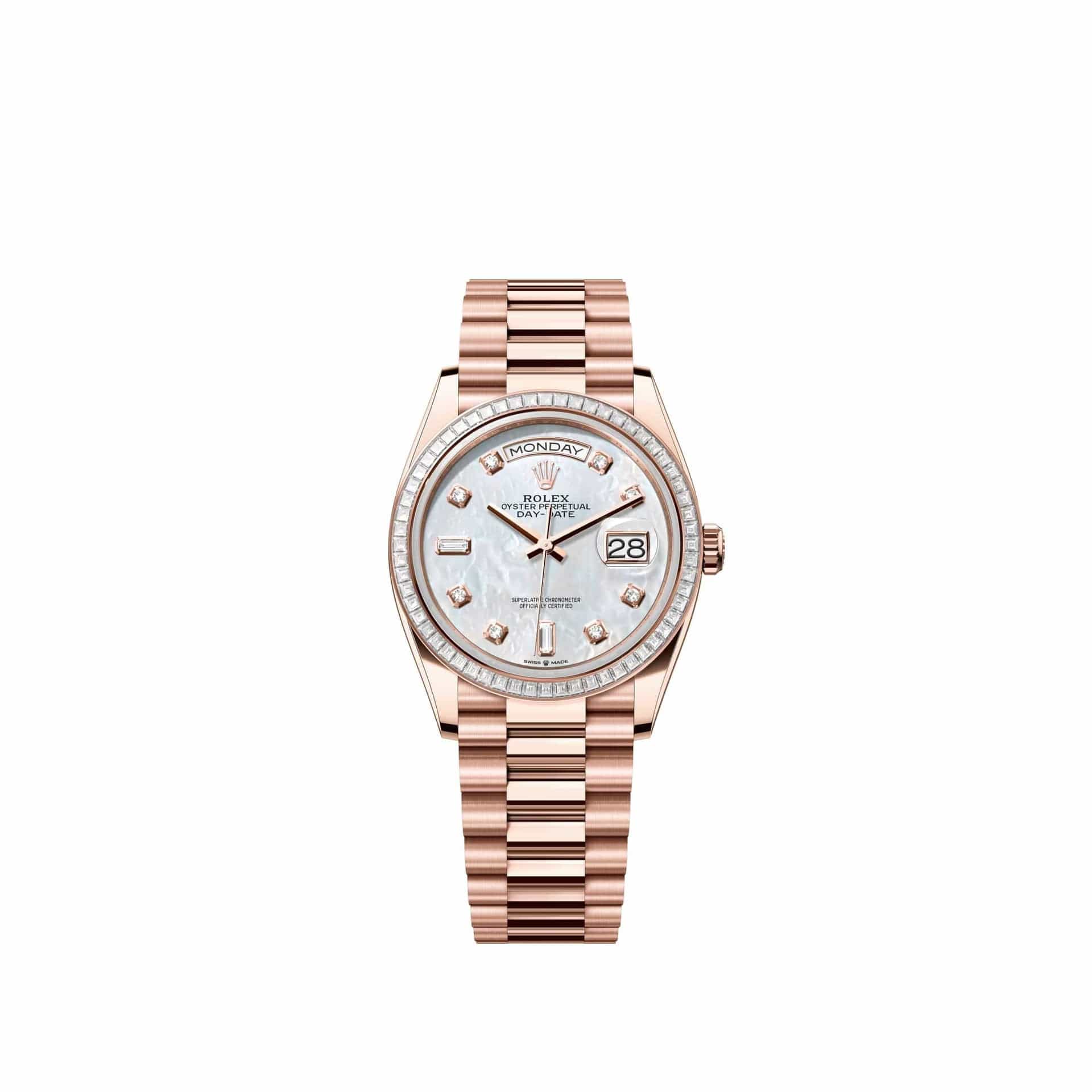 Rolex Day-Date 36 128395TBR Rose Gold White Mother of Pearl Diamond Dial President Diamond Bezel (2026)