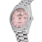 Rolex Day-Date 36 128396TBR Platinum Pink Opal Diamond Roman Numerals Dial Diamond Bezel