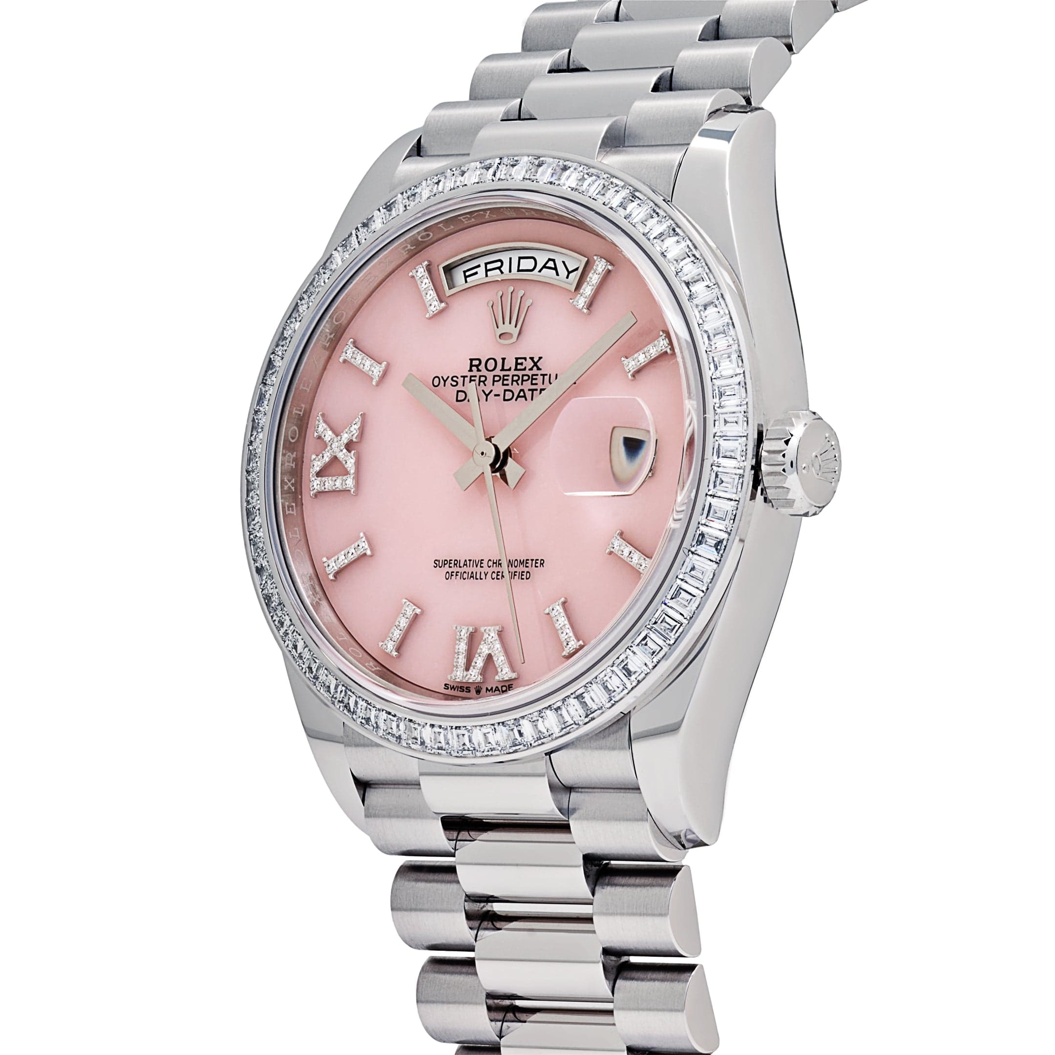 Rolex Day-Date 36 128396TBR Platinum Pink Opal Diamond Roman Numerals Dial Diamond Bezel