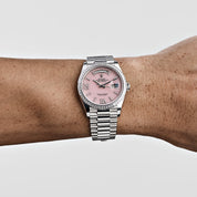 Rolex Day-Date 36 128396TBR Platinum Pink Opal Diamond Roman Numerals Dial Diamond Bezel