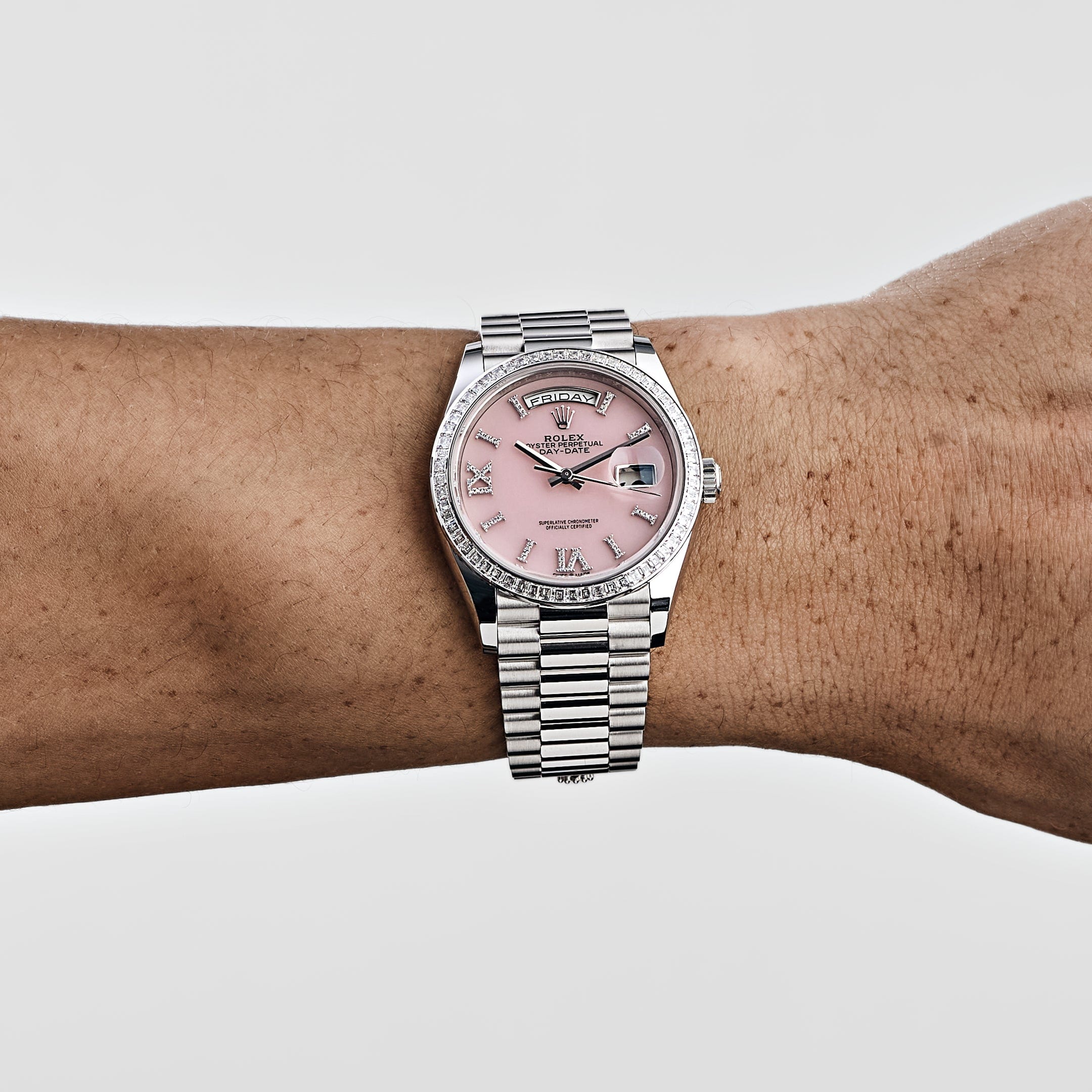 Rolex Day-Date 36 128396TBR Platinum Pink Opal Diamond Roman Numerals Dial Diamond Bezel