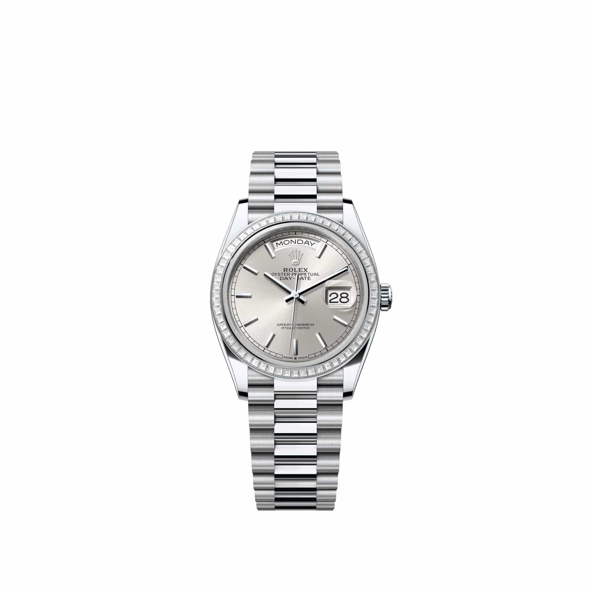 Rolex Day-Date 36 128396TBR Platinum Silver Dial President Diamond Bezel (2026)