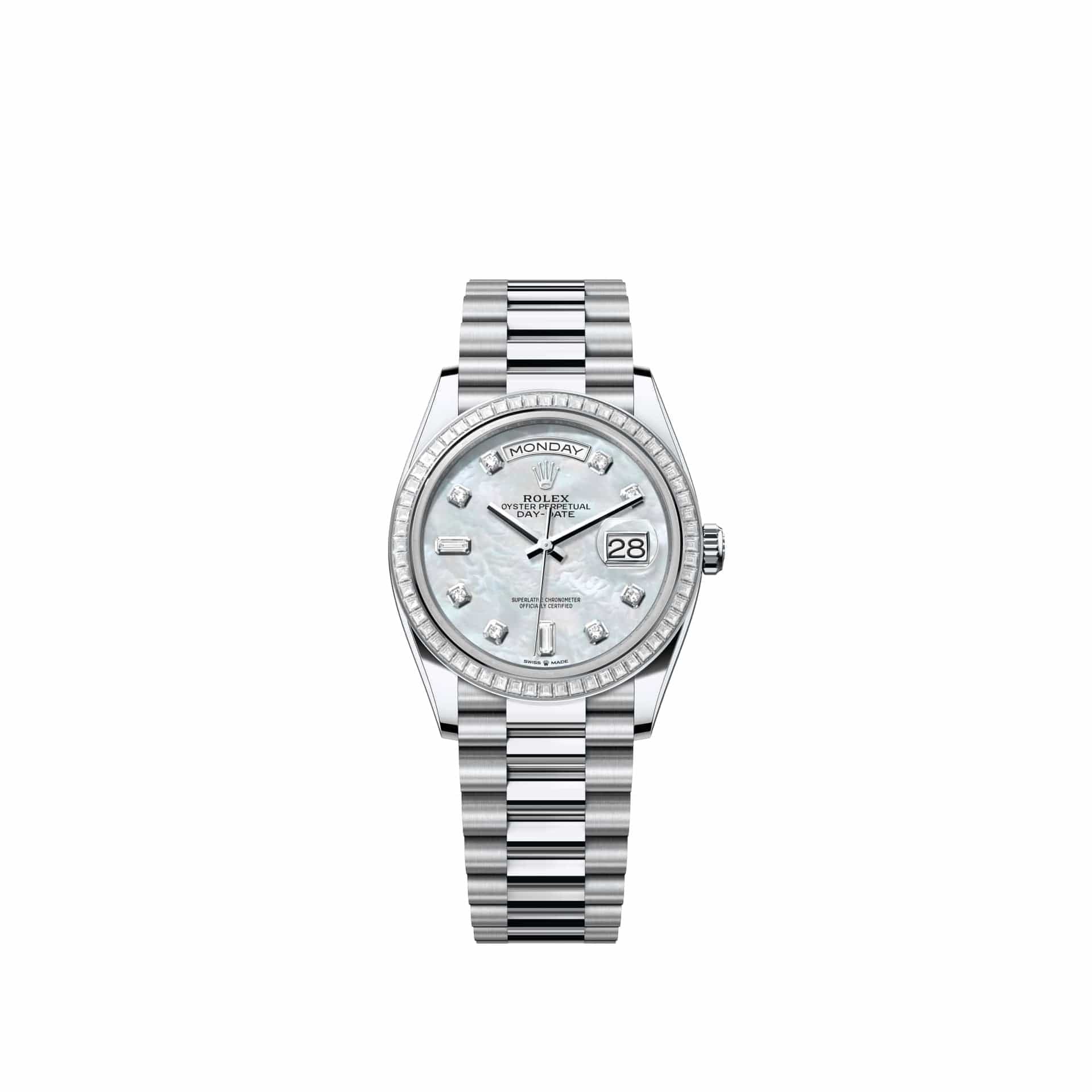 Rolex Day-Date 36 128396TBR Platinum White Mother of Pearl Diamond Dial President Diamond Bezel (2026)