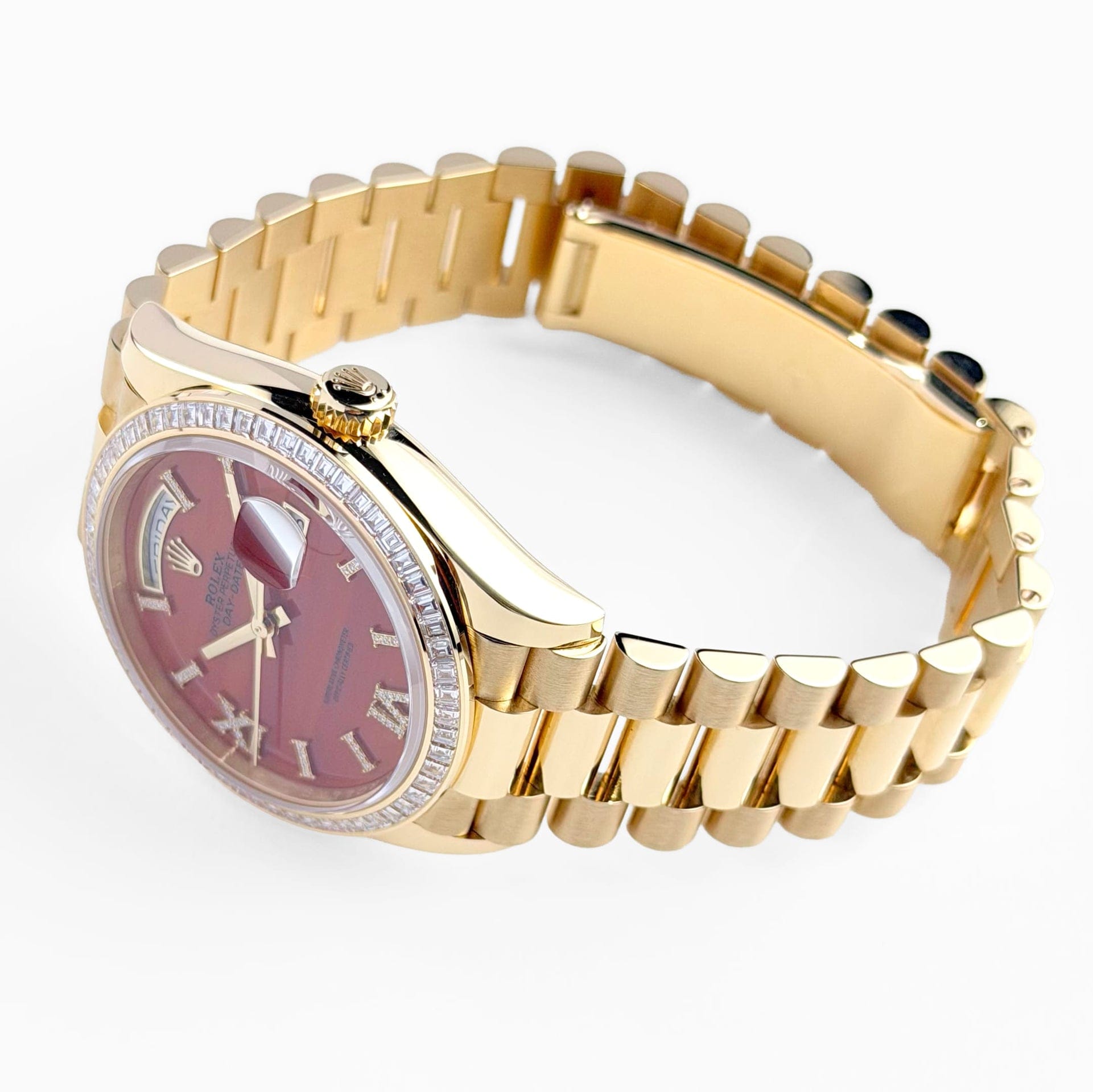 Rolex Day-Date 36 128398TBR Yellow Gold Carnelian Diamond Dial Diamond Bezel President (2025)