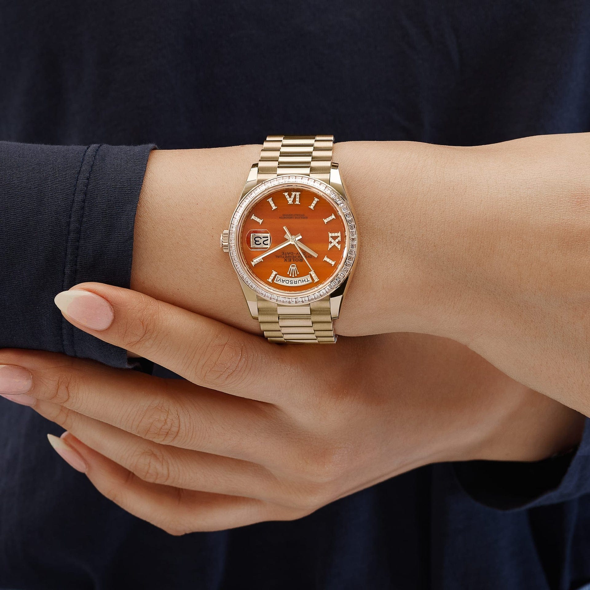 Rolex Day-Date 36 128398TBR Yellow Gold Carnelian Diamond Dial Diamond Bezel President (2025)