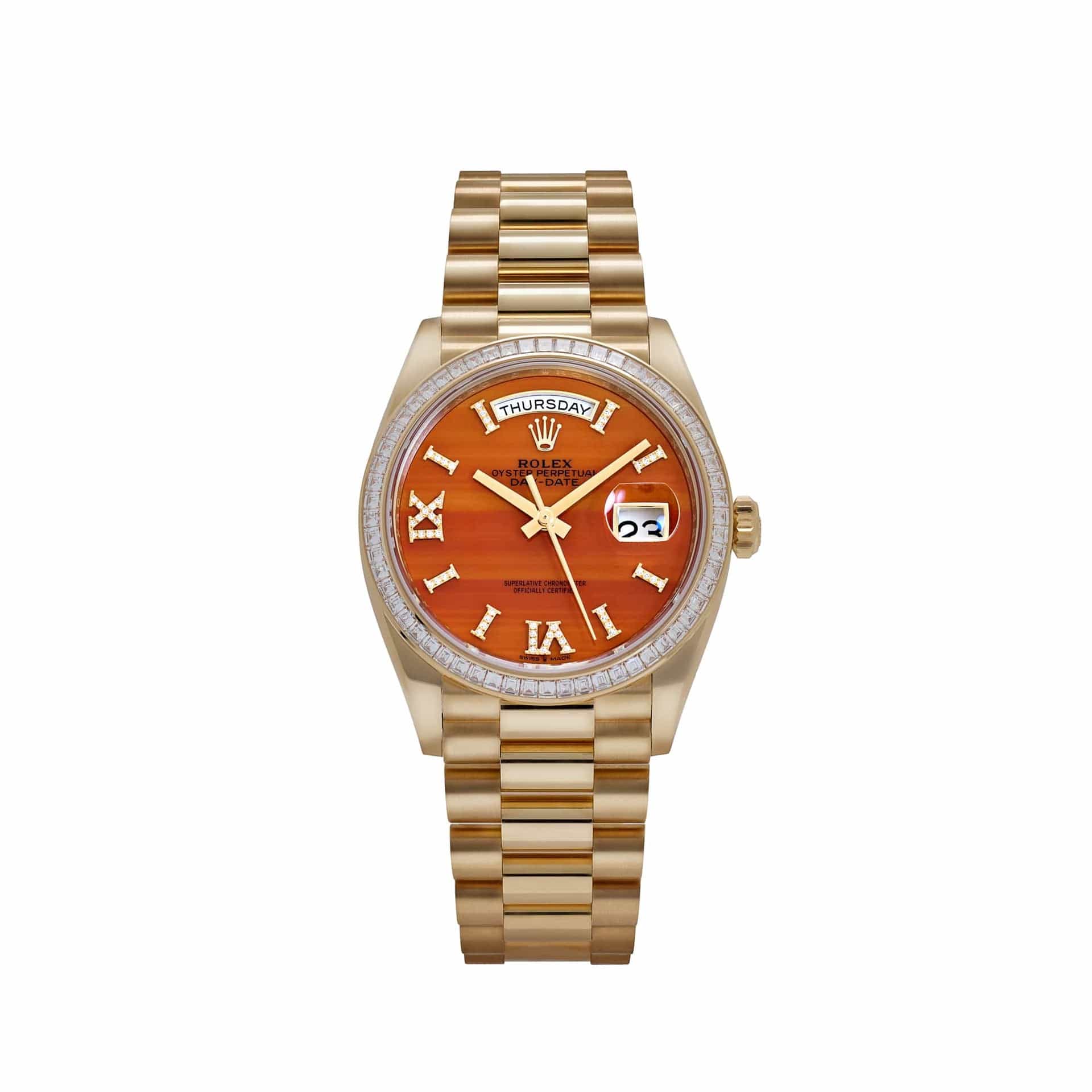 Rolex Day-Date 36 128398TBR Yellow Gold Carnelian Diamond Dial Diamond Bezel President (2025)