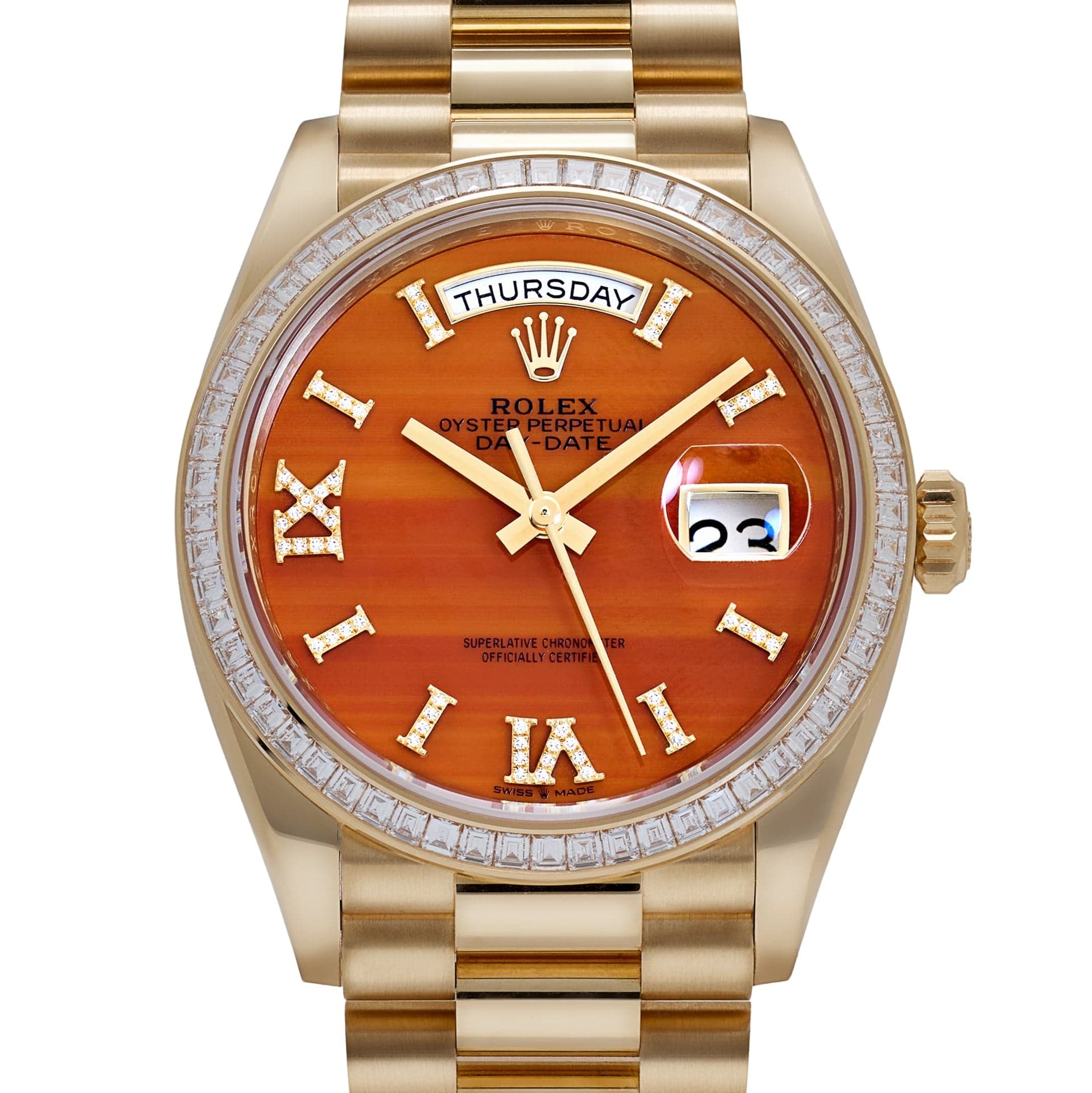 Rolex Day-Date 36 128398TBR Yellow Gold Carnelian Diamond Dial Diamond Bezel President (2025)