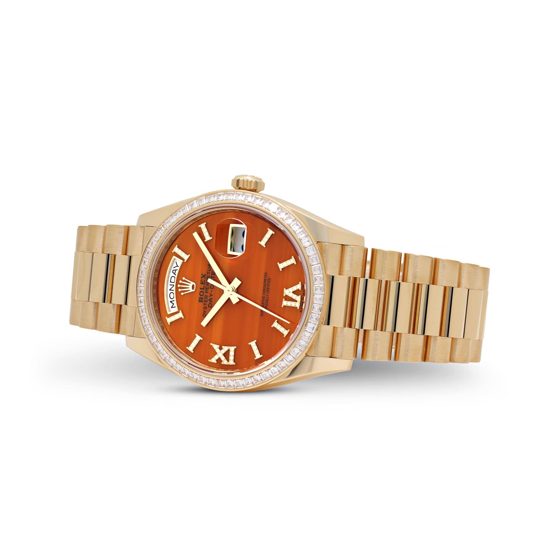 Rolex Day-Date 36 128398TBR Yellow Gold Carnelian Diamond Dial Diamond Bezel President (2025)