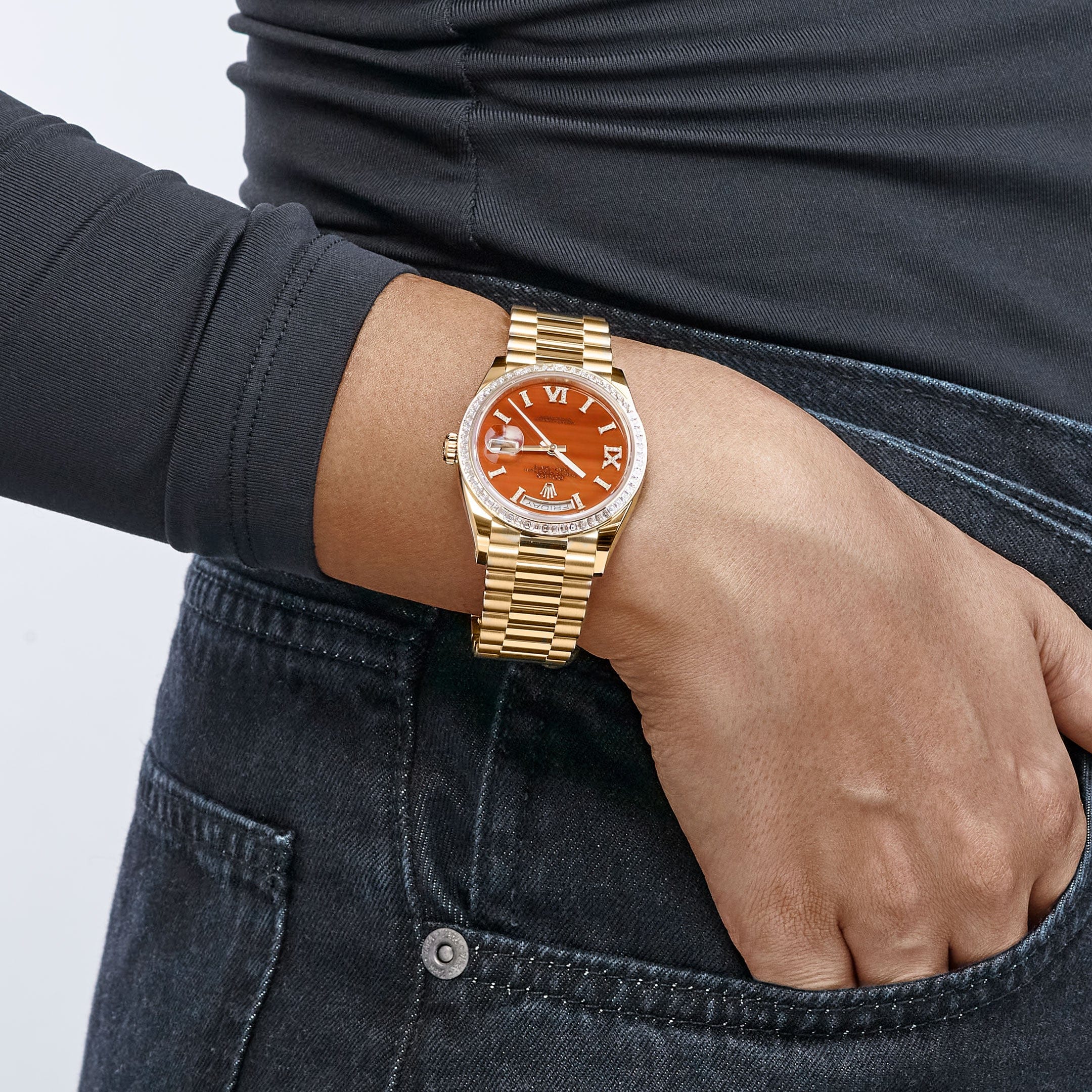 Rolex Day-Date 36 128398TBR Yellow Gold Carnelian Diamond Dial Diamond Bezel President (2025)