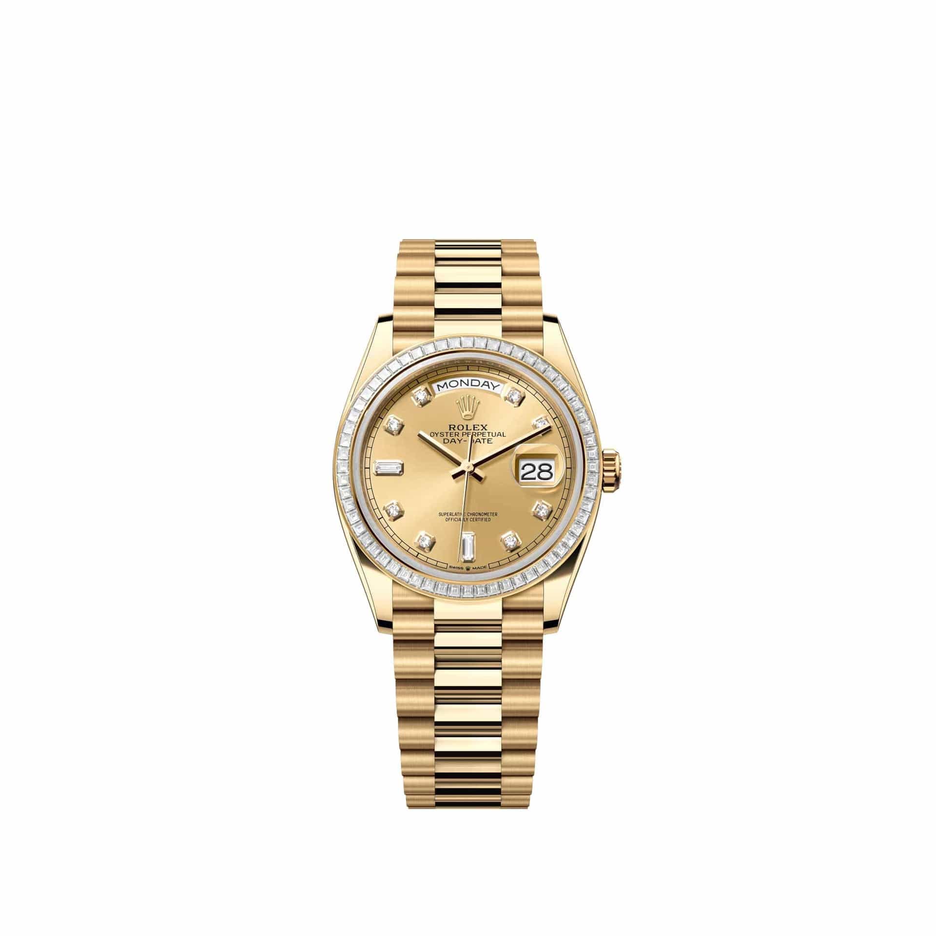 Rolex Day-Date 36 128398TBR Yellow Gold Champagne Diamond Dial President Diamond Bezel (2026)