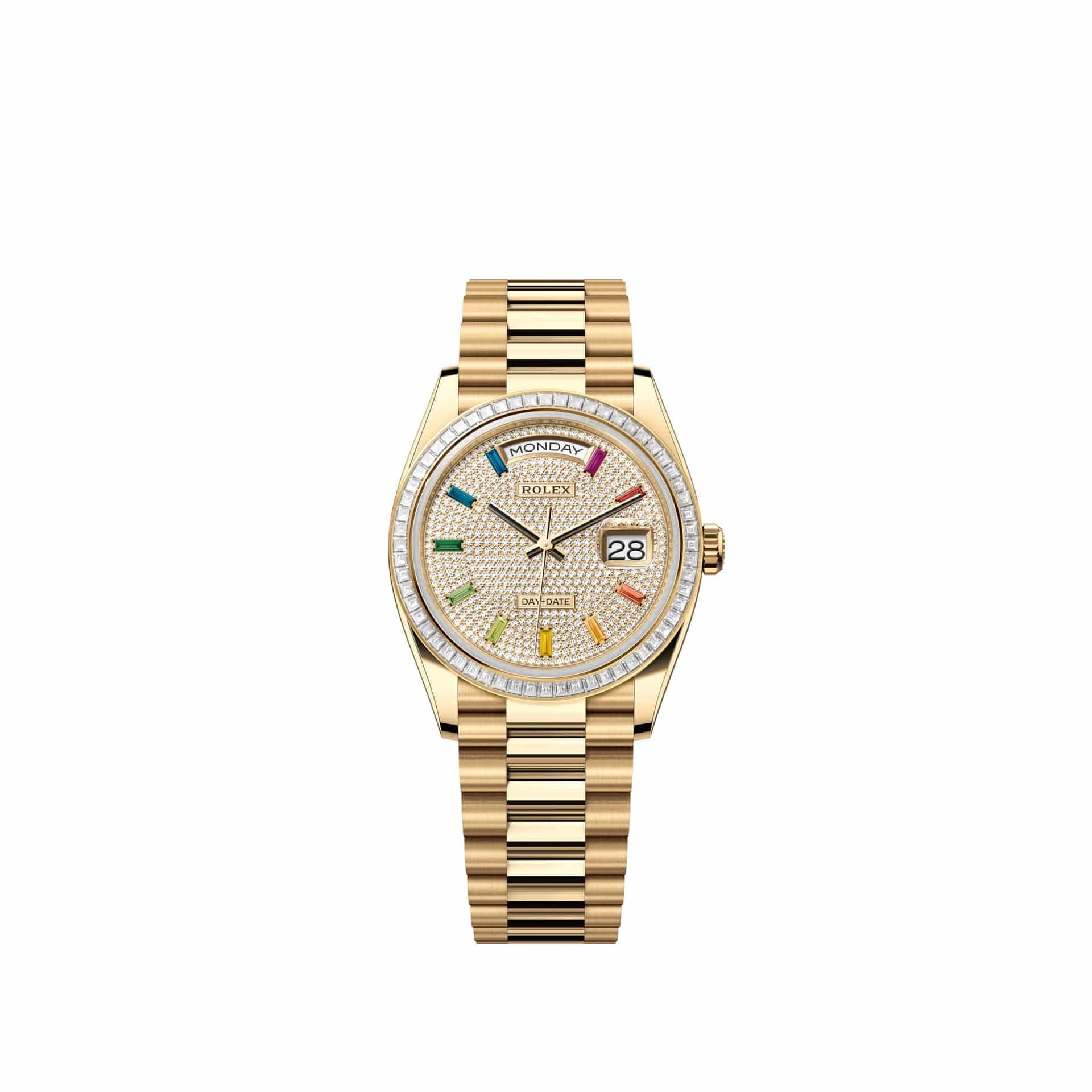 Rolex Day-Date 36 128398TBR Yellow Gold Diamond-Paved Sapphire Dial President Diamond Bezel (2026)