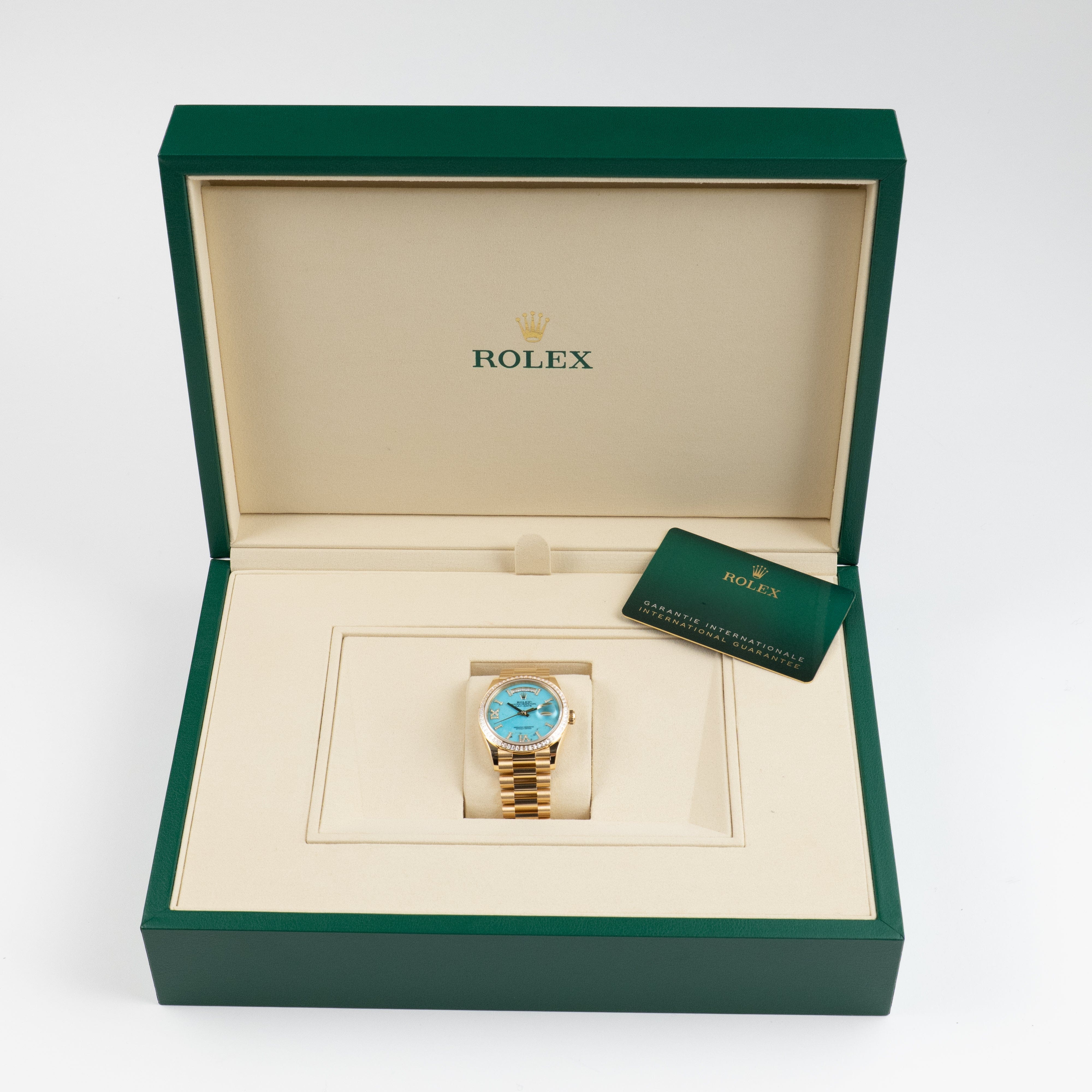 Rolex Day-Date 36 128398TBR Yellow Gold Turquoise Stone Diamond Roman Numerals Dial Diamond Bezel