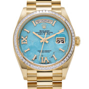 Rolex Day-Date 36 128398TBR Yellow Gold Turquoise Stone Diamond Roman Numerals Dial Diamond Bezel