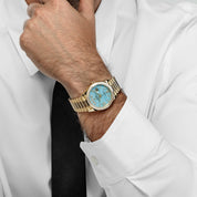 Rolex Day-Date 36 128398TBR Yellow Gold Turquoise Stone Diamond Roman Numerals Dial Diamond Bezel