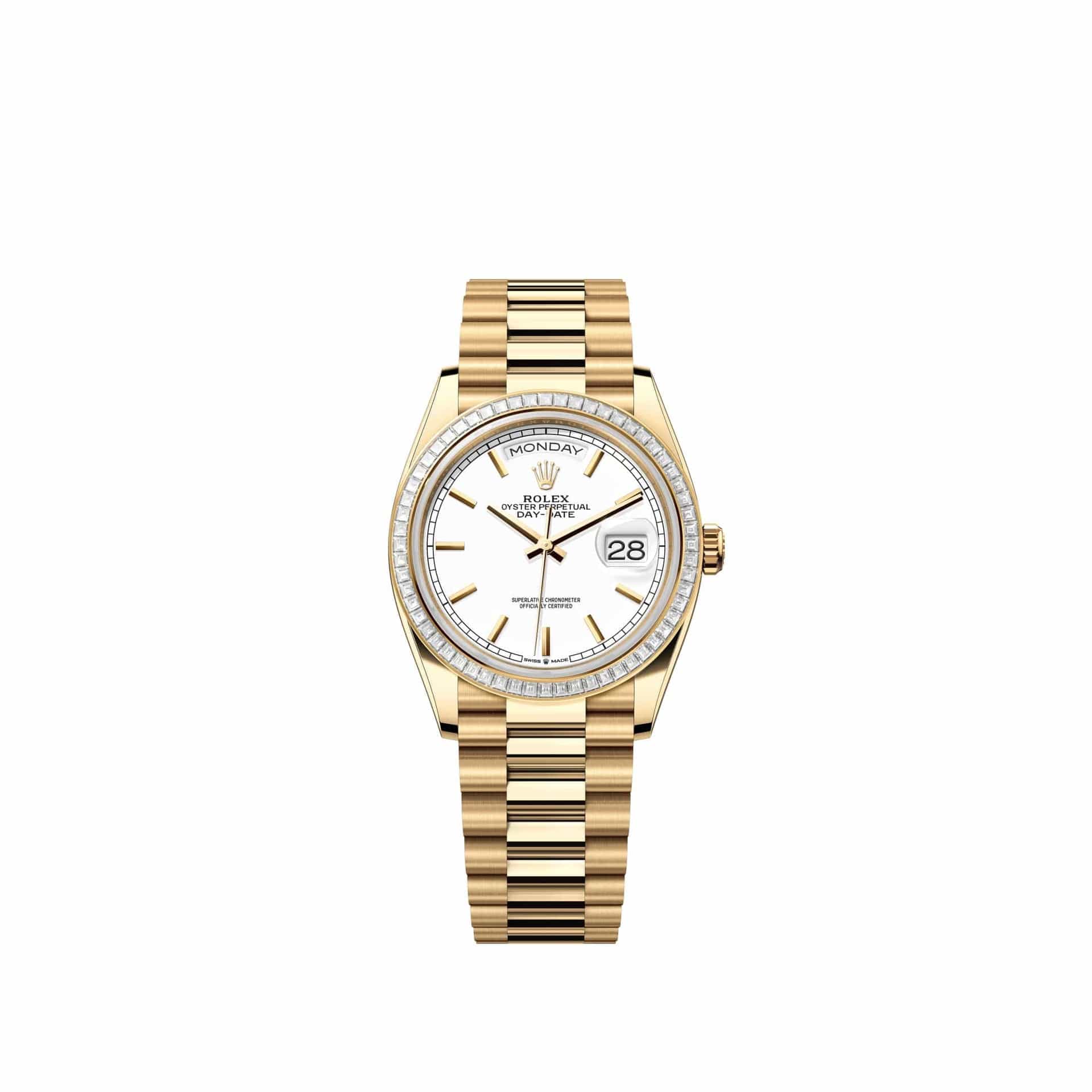 Rolex Day-Date 36 128398TBR Yellow Gold White Dial President Diamond Bezel (2026)
