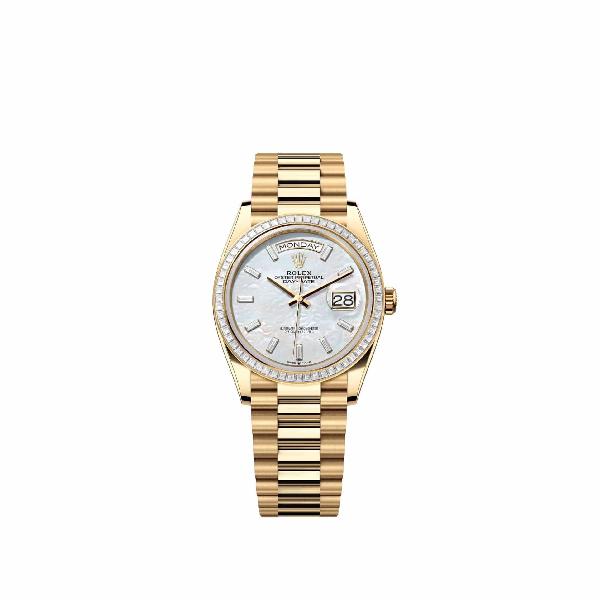Rolex Day-Date 36 128398TBR Yellow Gold White Mother of Pearl Diamond Dial President Diamond Bezel (2026)