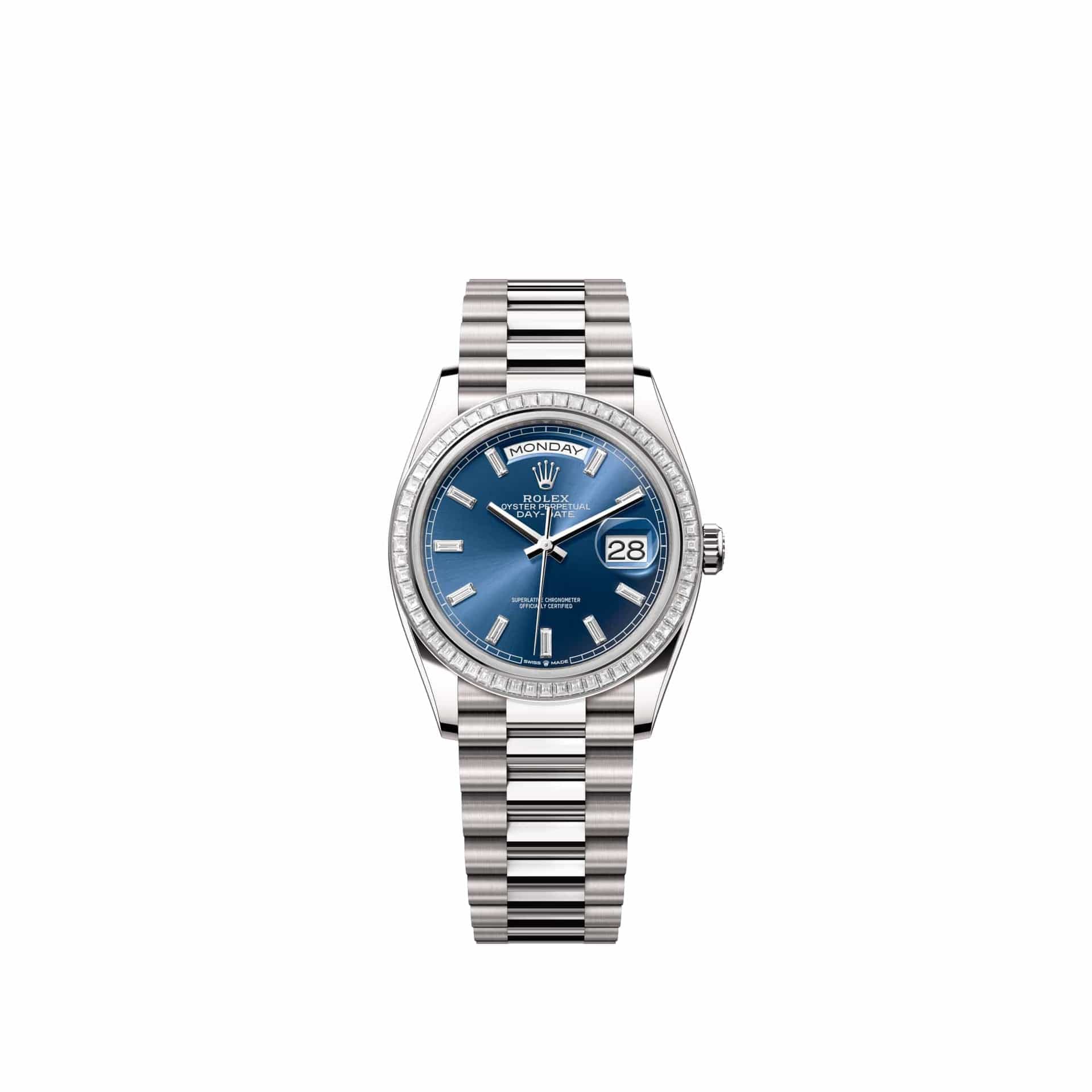 Rolex Day-Date 36 128399TBR White Gold Blue Diamond Dial President Diamond Bezel (2026)