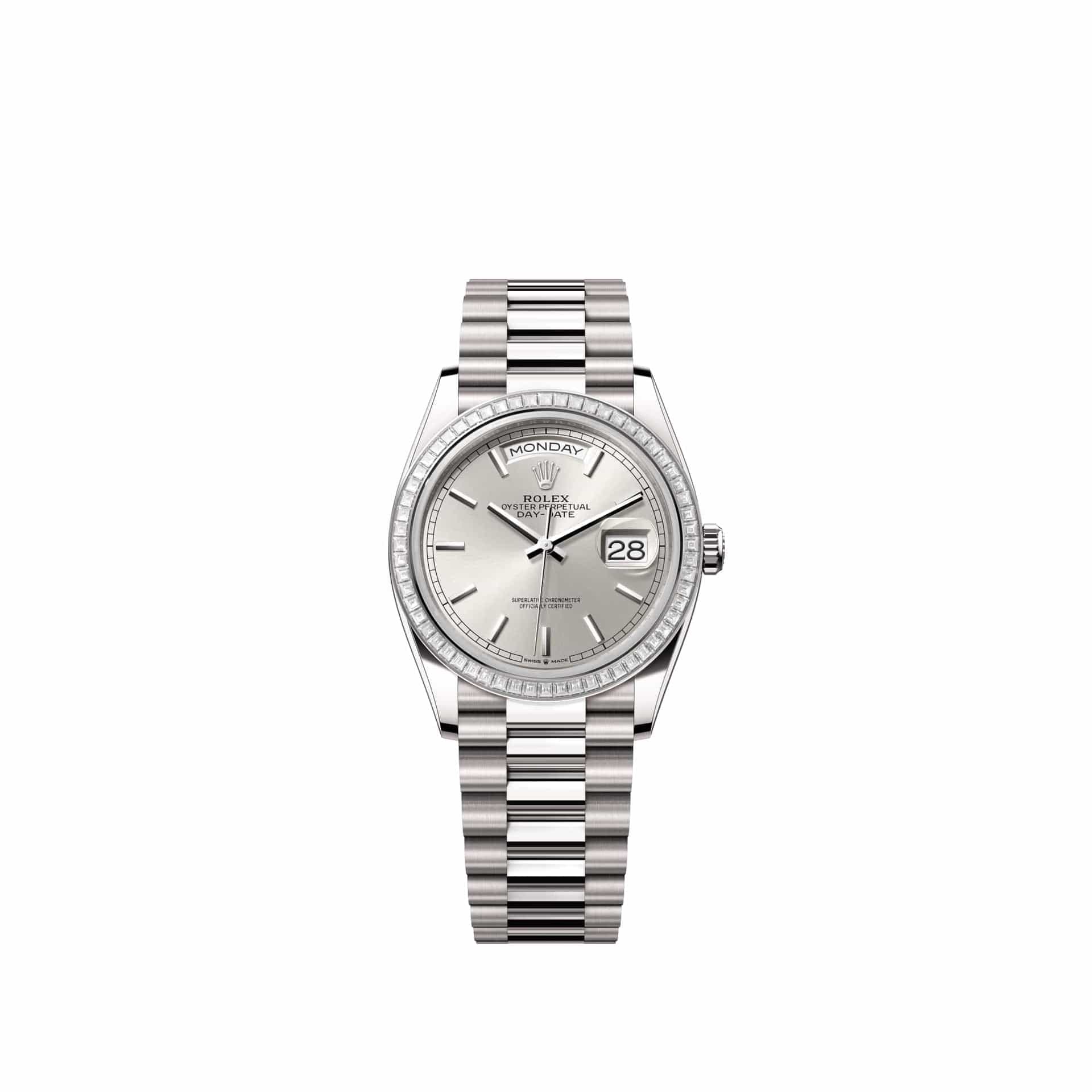 Rolex Day-Date 36 128399TBR White Gold Silver Dial President Diamond Bezel (2026)