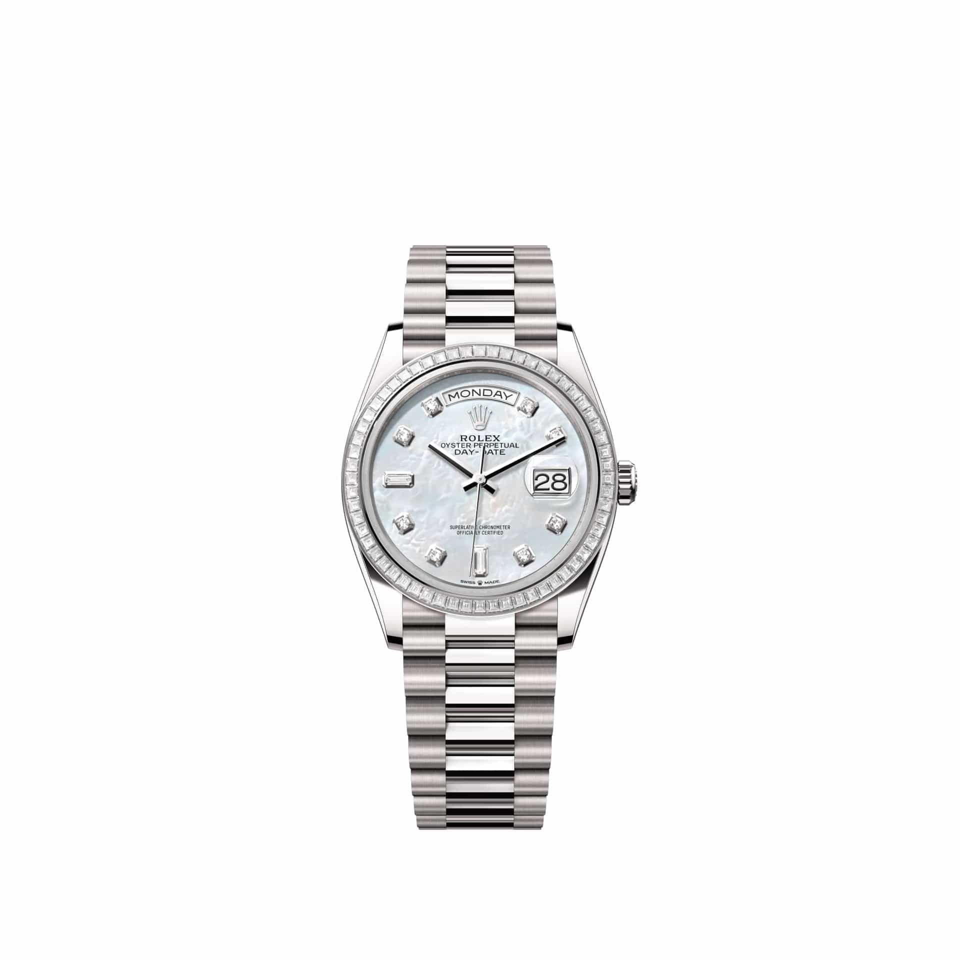 Rolex Day-Date 36 128399TBR White Gold White Mother of Pearl Diamond Dial President Diamond Bezel (2026)