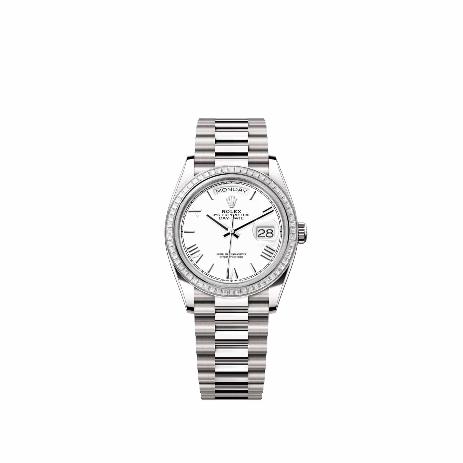 Rolex Day-Date 36 128399TBR White Gold White Roman Dial President Diamond Bezel (2026)