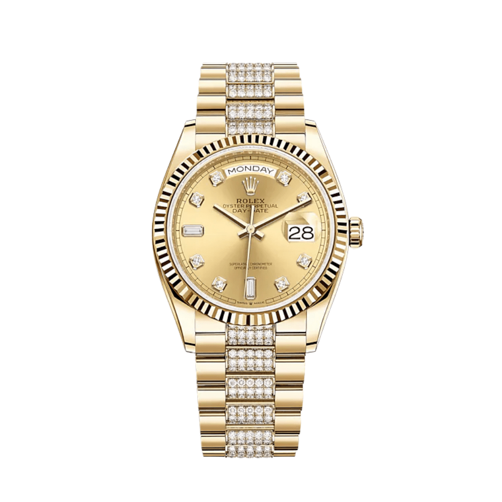 Luxury Watch Rolex Day-Date 36 Yellow Gold Champagne Diamond Dial 128238 Wrist Aficionado