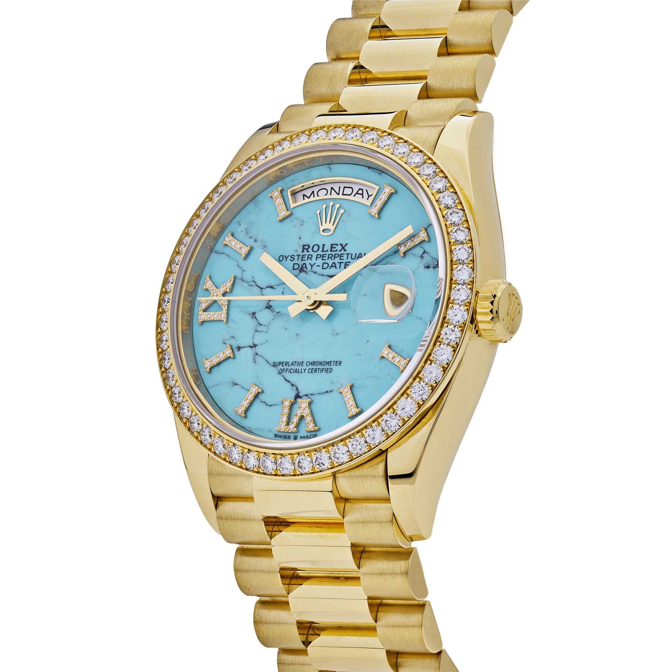 Luxury Watch Rolex Day-Date 36 Yellow Gold Diamond Bezel Turquoise Diamond Dial 128348RBR Wrist Aficionado