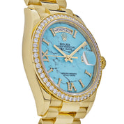 Luxury Watch Rolex Day-Date 36 Yellow Gold Diamond Bezel Turquoise Diamond Dial 128348RBR Wrist Aficionado