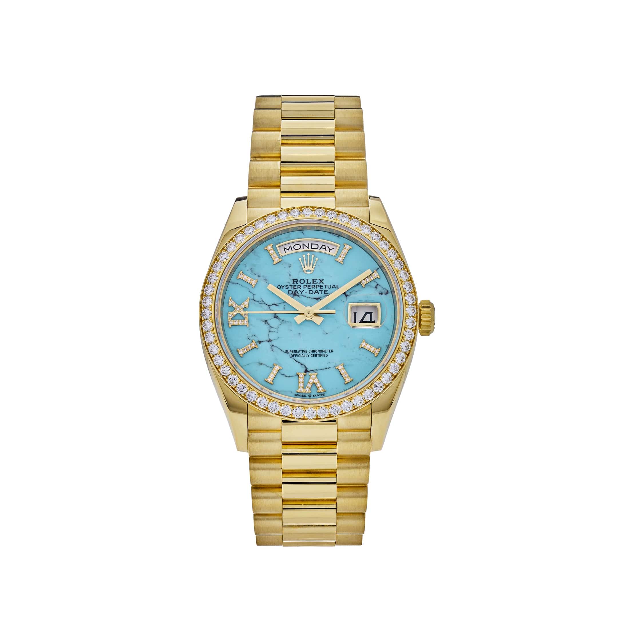 Luxury Watch Rolex Day-Date 36 Yellow Gold Diamond Bezel Turquoise Diamond Dial 128348RBR Wrist Aficionado