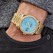 Luxury Watch Rolex Day-Date 36 Yellow Gold Diamond Bezel Turquoise Diamond Dial 128348RBR Wrist Aficionado