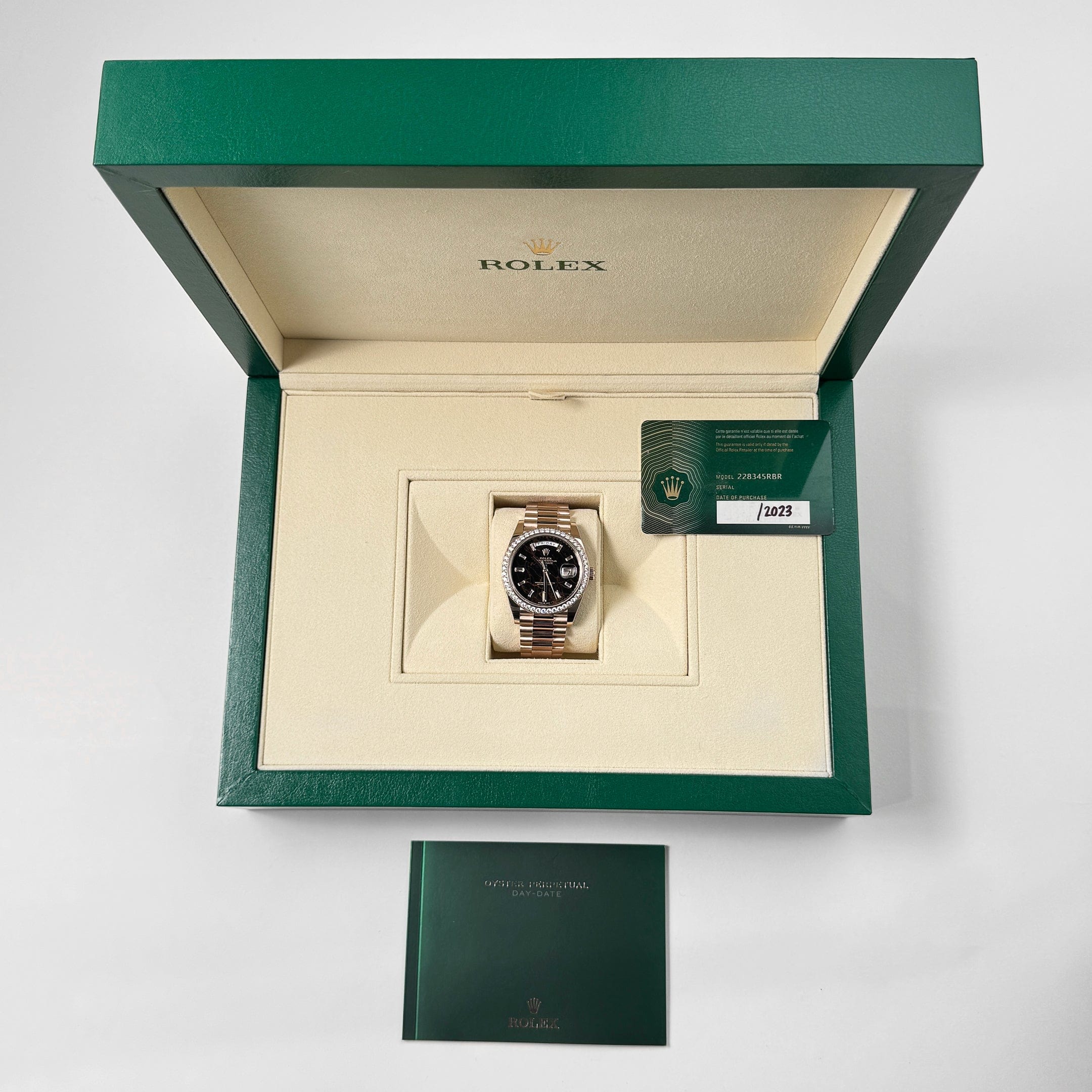 Rolex Day-Date 40 228345RBR Rose Gold Eisenkiesel Dial Diamond Bezel (2023)