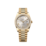 Rolex Day-Date 40 228348RBR Yellow Gold Diamond Bezel Silver Dial (2021)