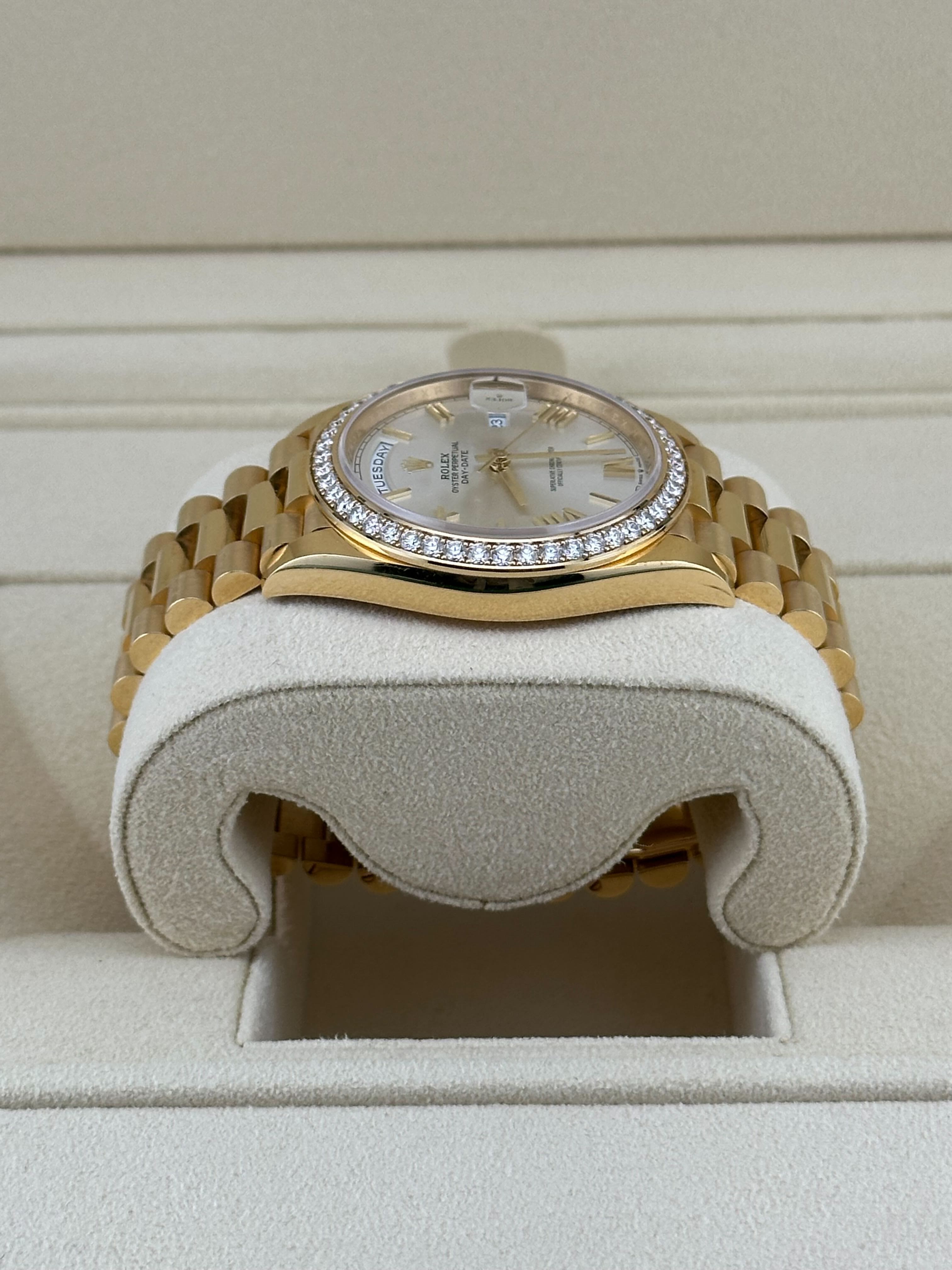 Rolex Day-Date 40 228348RBR Yellow Gold Diamond Bezel Silver Dial (2021)