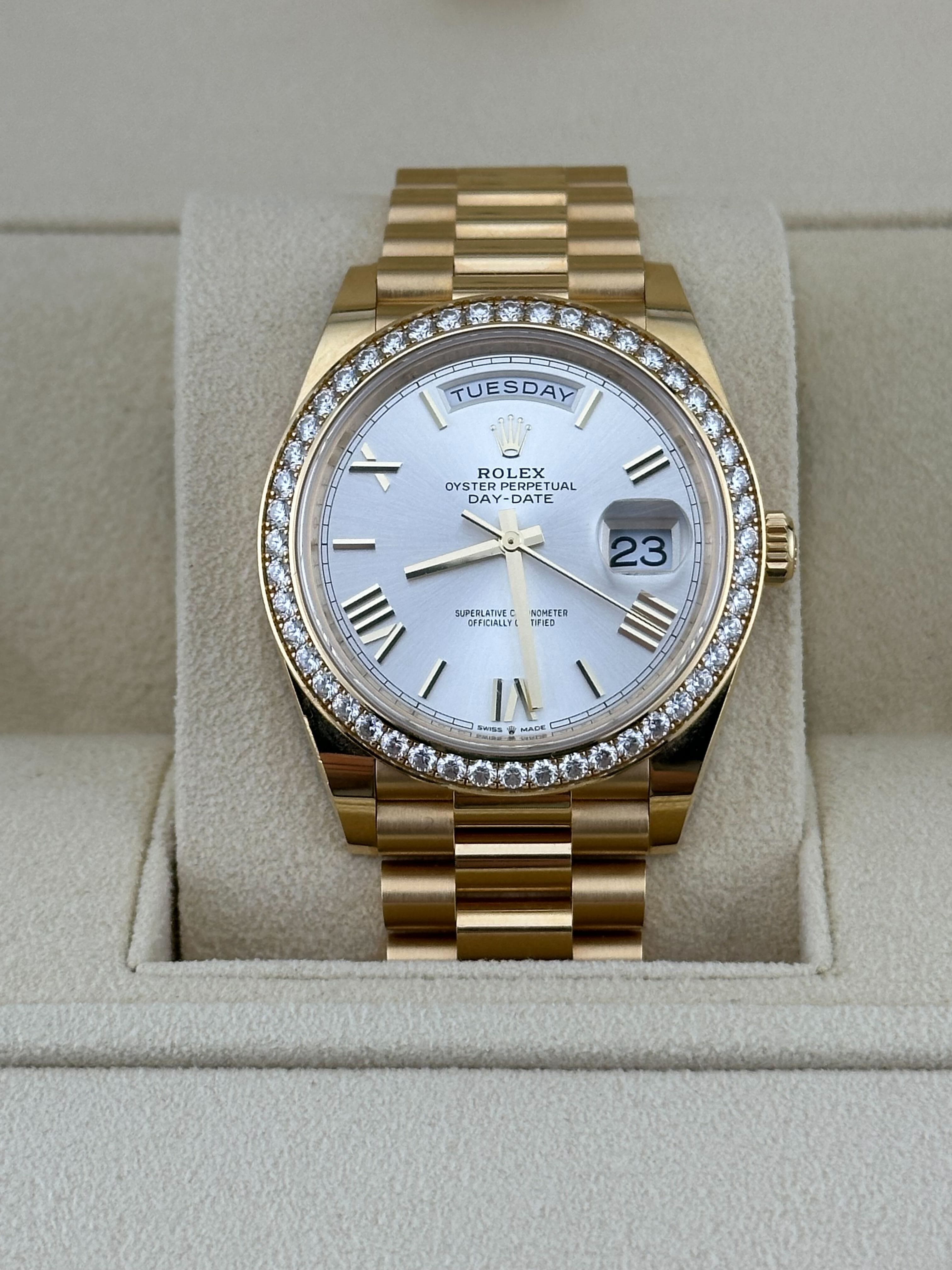 Rolex Day-Date 40 228348RBR Yellow Gold Diamond Bezel Silver Dial (2021)