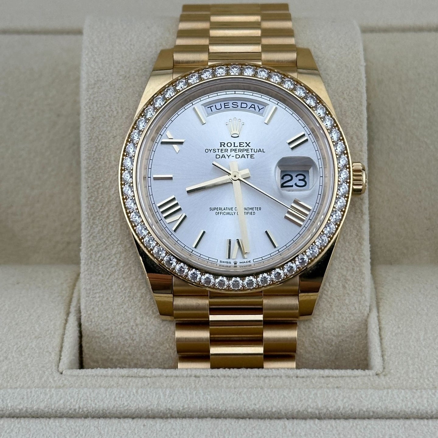 Rolex Day-Date 228348RBR Yellow Gold Diamond Bezel Silver Dial (2021)