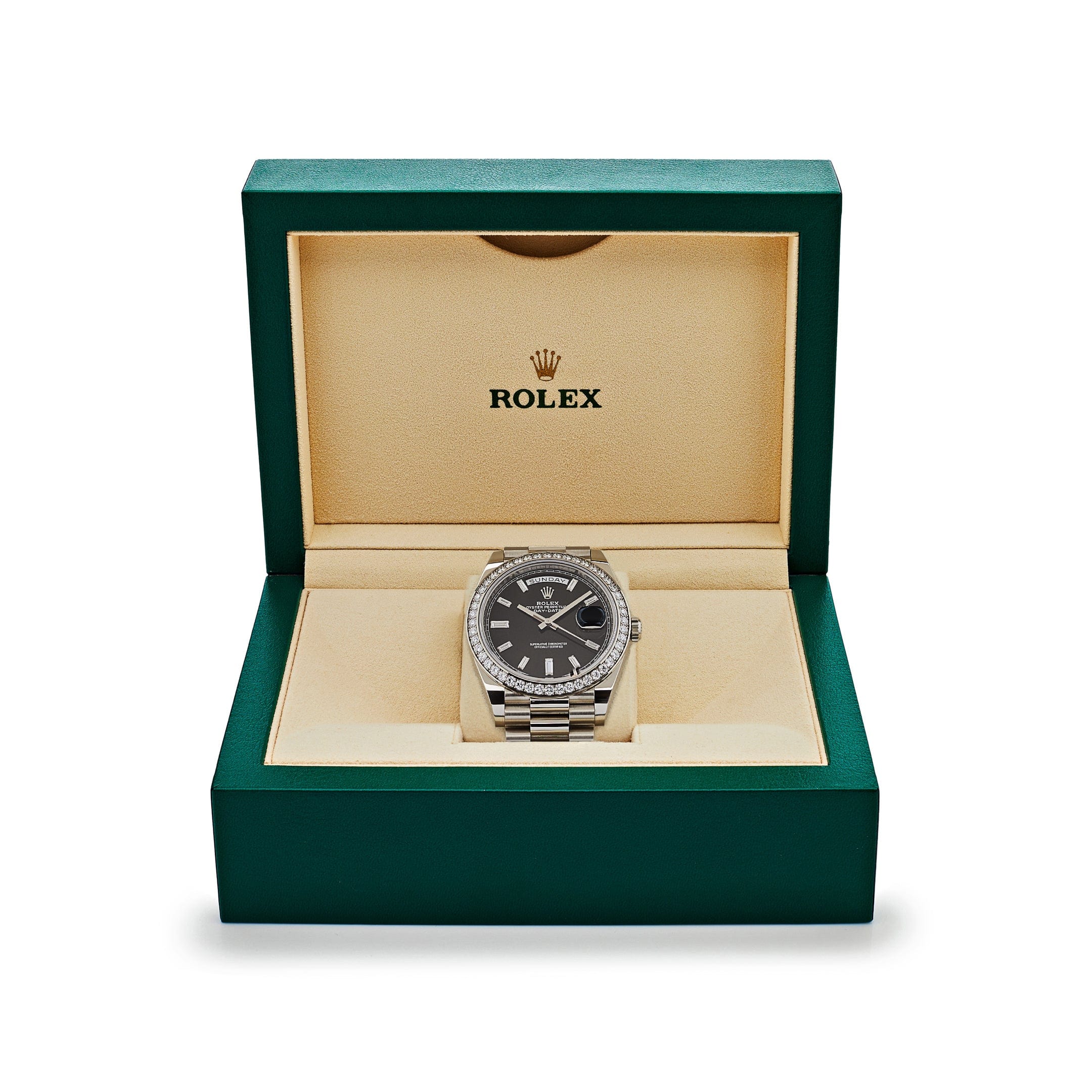 Rolex Day-Date 40 228349RBR White Gold Black Diamond Baguette Dial Diamond Bezel (2021)