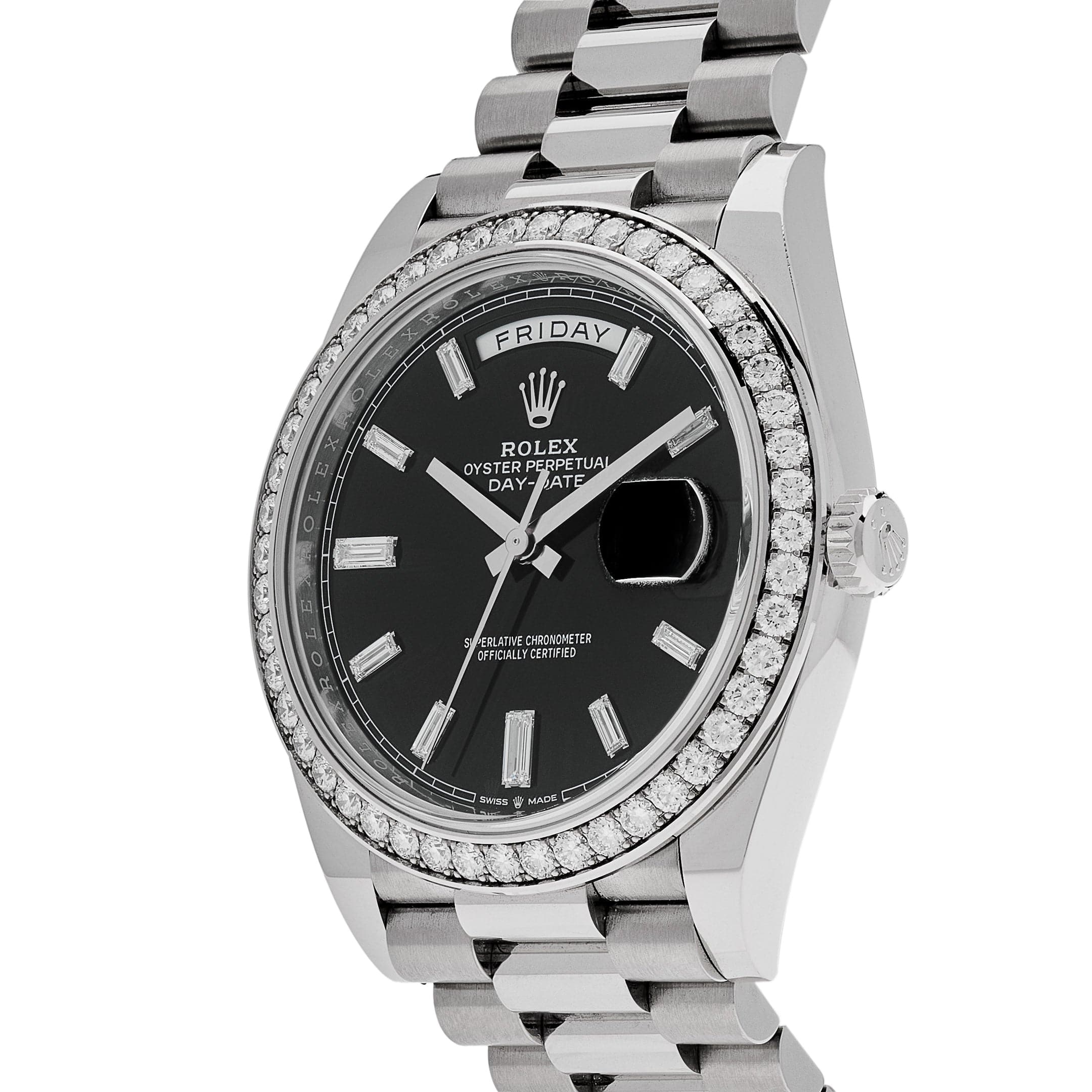 Rolex Day-Date 40 228349RBR White Gold Black Diamond Baguette Dial Diamond Bezel (2021)