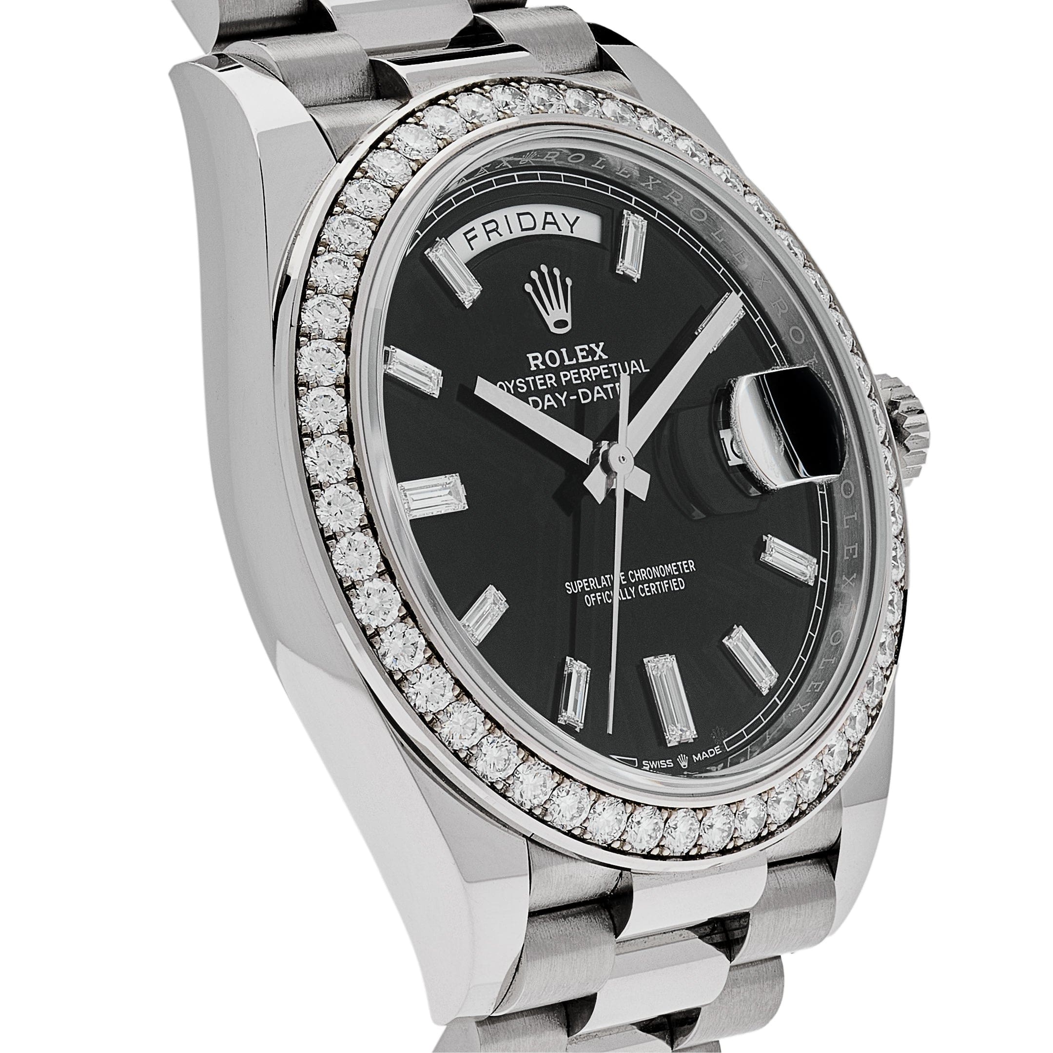 Rolex Day-Date 40 228349RBR White Gold Black Diamond Baguette Dial Diamond Bezel (2021)
