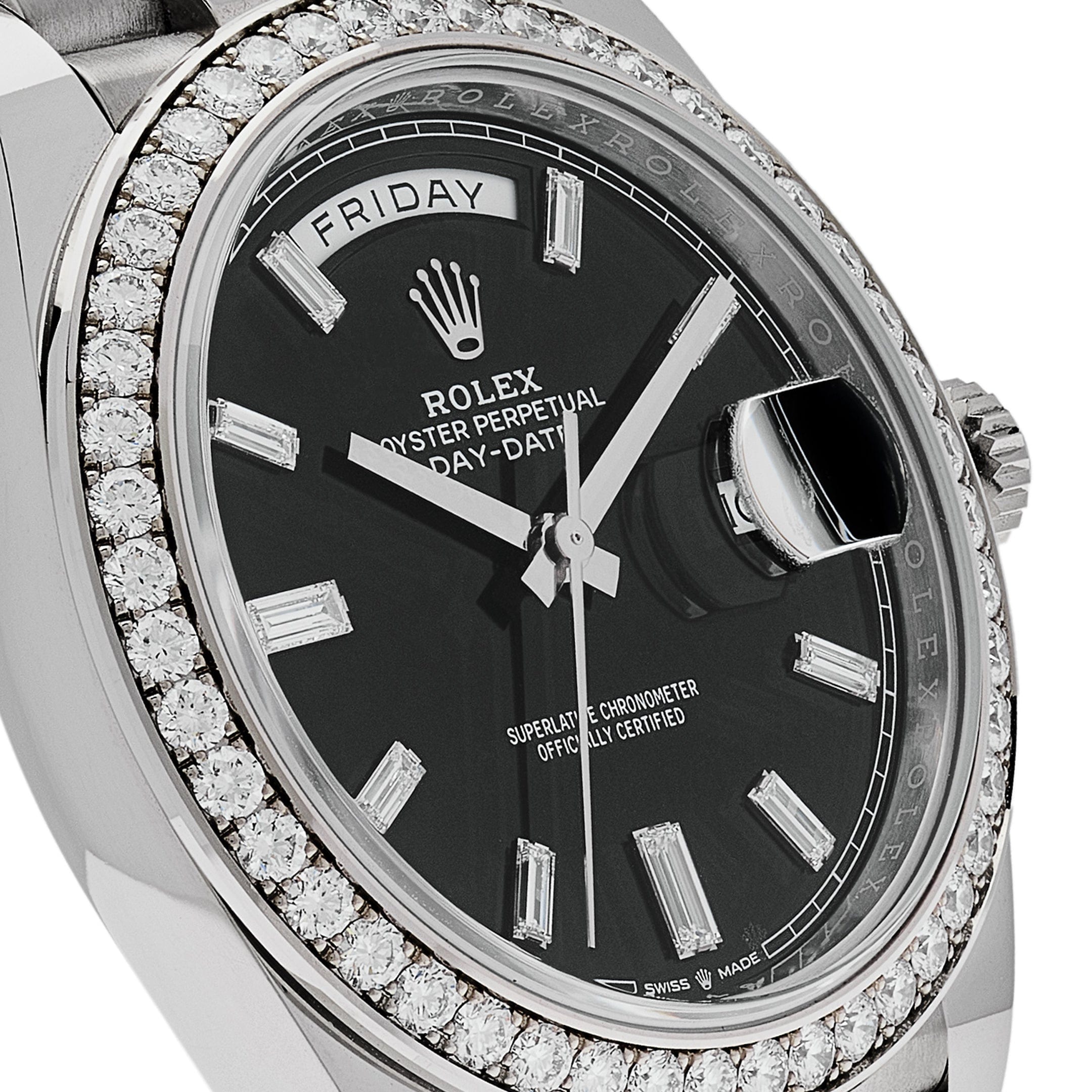 Rolex Day-Date 40 228349RBR White Gold Black Diamond Baguette Dial Diamond Bezel (2021)
