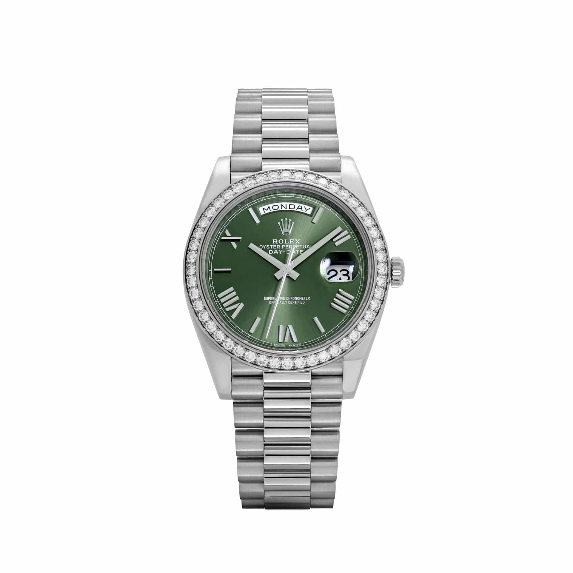 Rolex Day-Date 40 228349RBR White Gold Olive Green Dial Diamond Bezel (2021)