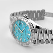 Rolex Day-Date 40 228396TBR Platinum Turquoise Stone Diamond Baguette Dial and Bezel