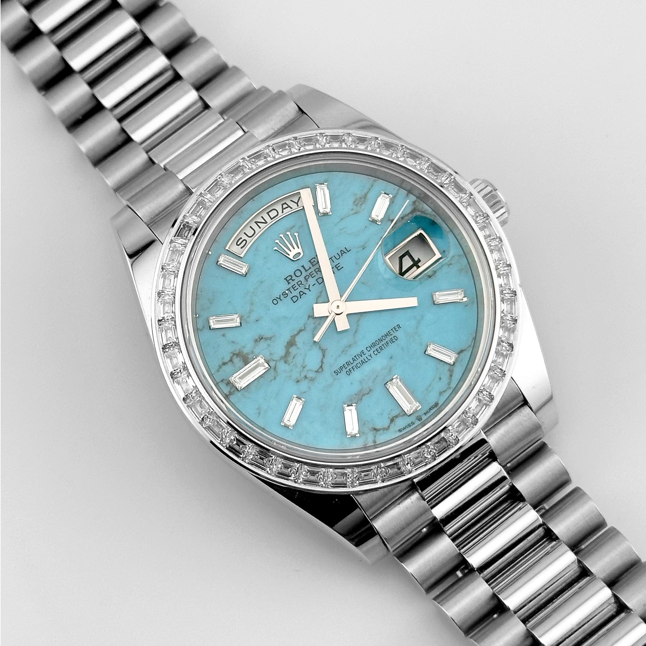 Rolex Day-Date 40 228396TBR Platinum Turquoise Stone Diamond Baguette Dial and Bezel
