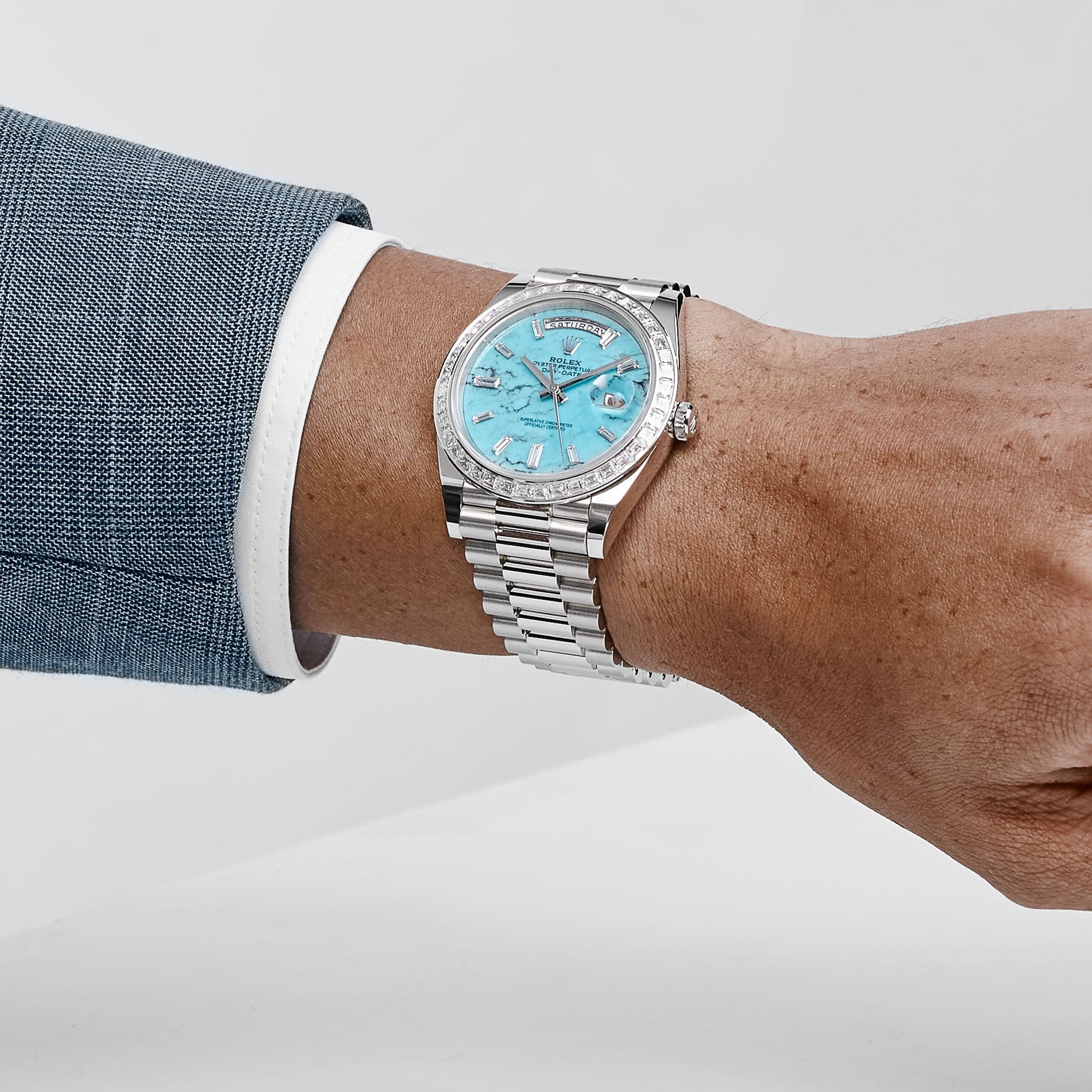 Rolex Day-Date 40 228396TBR Platinum Turquoise Stone Diamond Baguette Dial and Bezel