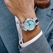 Rolex Day-Date 40 228396TBR Platinum Turquoise Stone Diamond Baguette Dial and Bezel